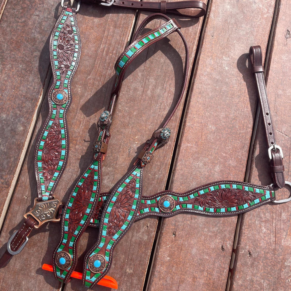 Western Horse Tack Set | leather tooled turquoise and green (BHT084)