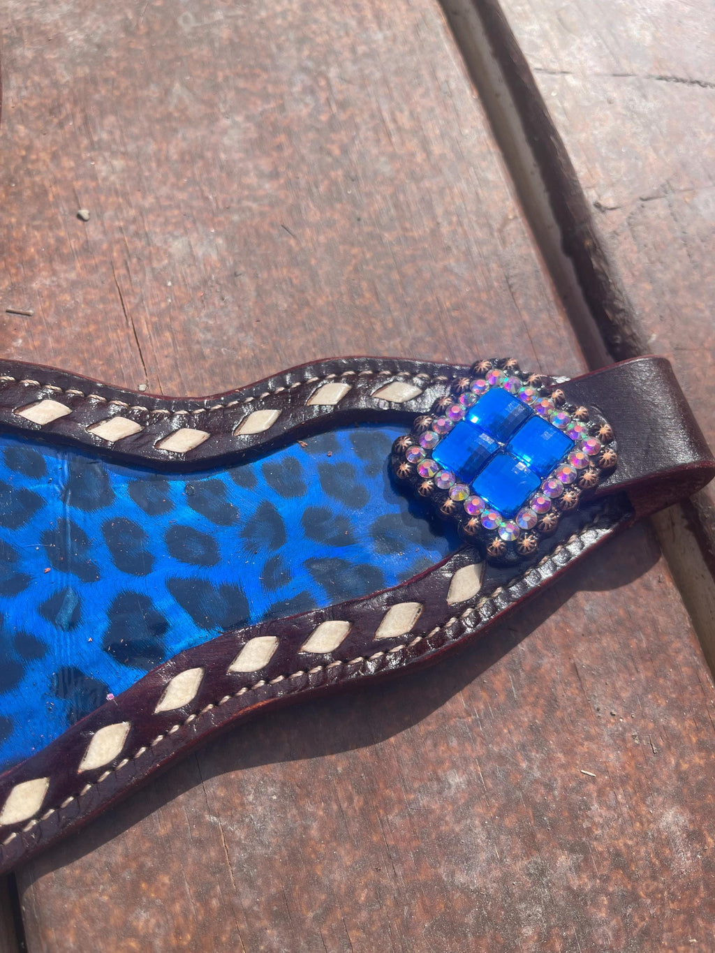 Blue cheetah print Leather Bronc Halter Pieces