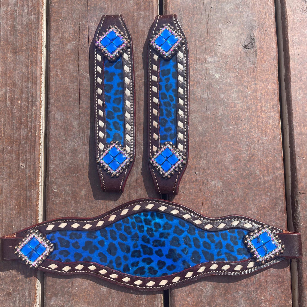 Blue cheetah print Leather Bronc Halter Pieces