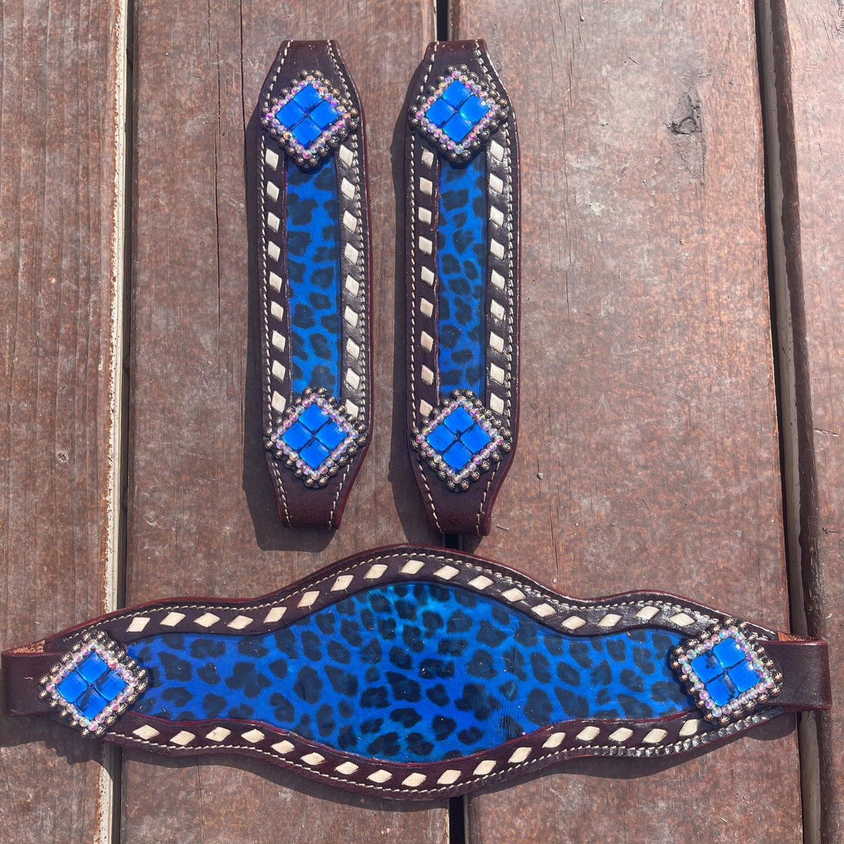Blue cheetah print Leather Bronc Halter Pieces