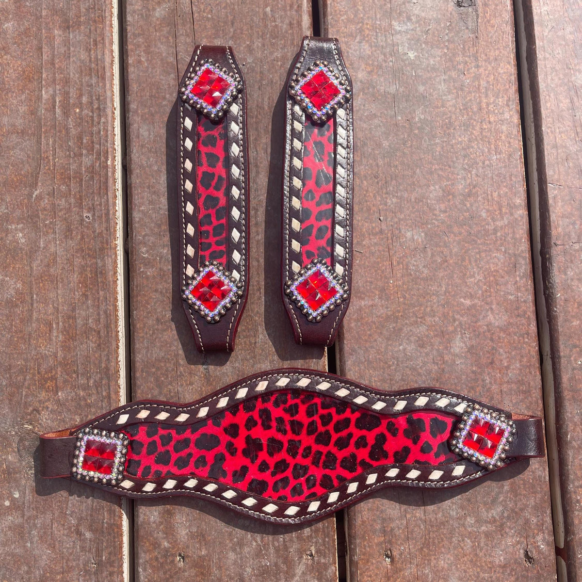Red cheetah print Leather Bronc Halter Pieces