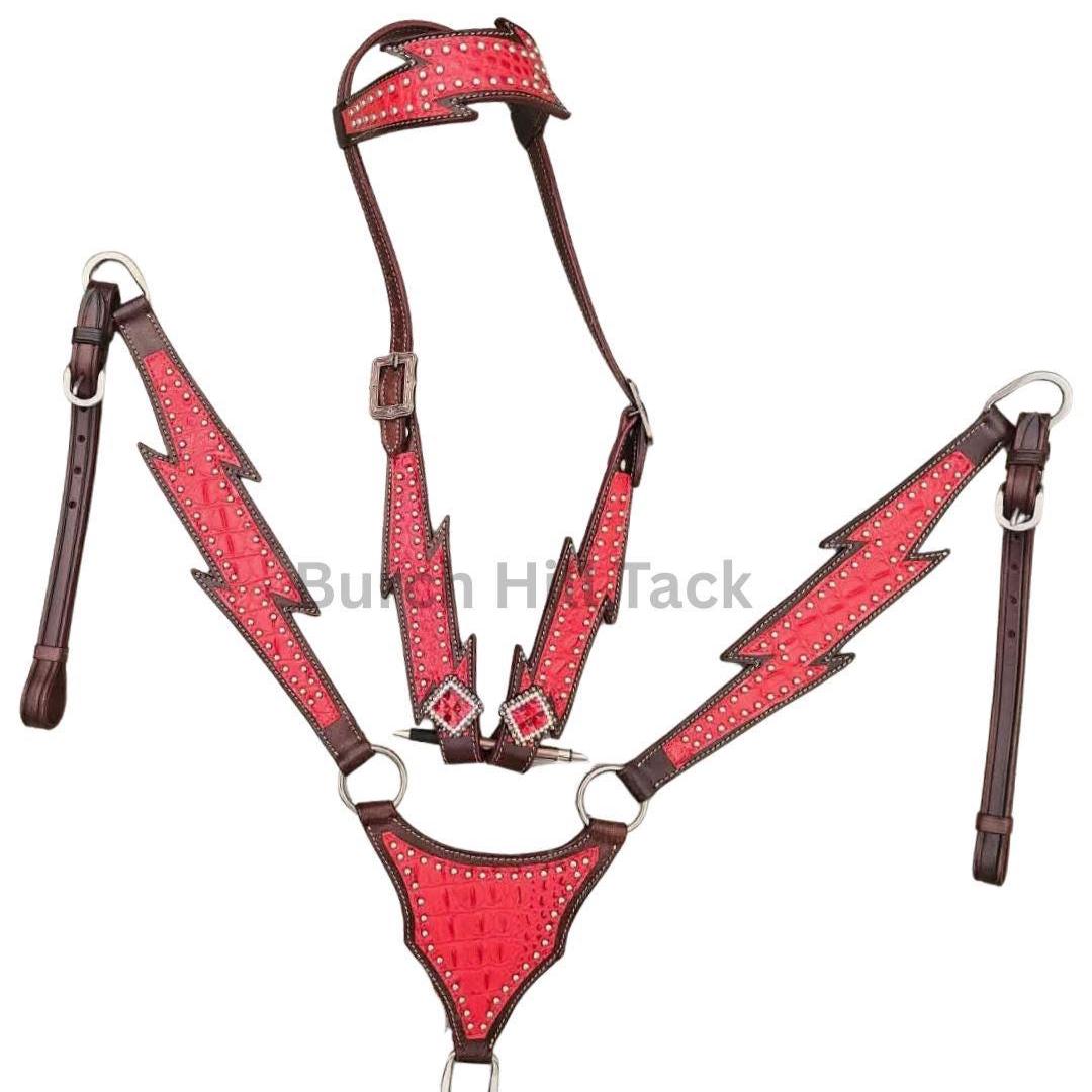 Western Tack Set, Red Lightening Bolt Headstall and breastplate