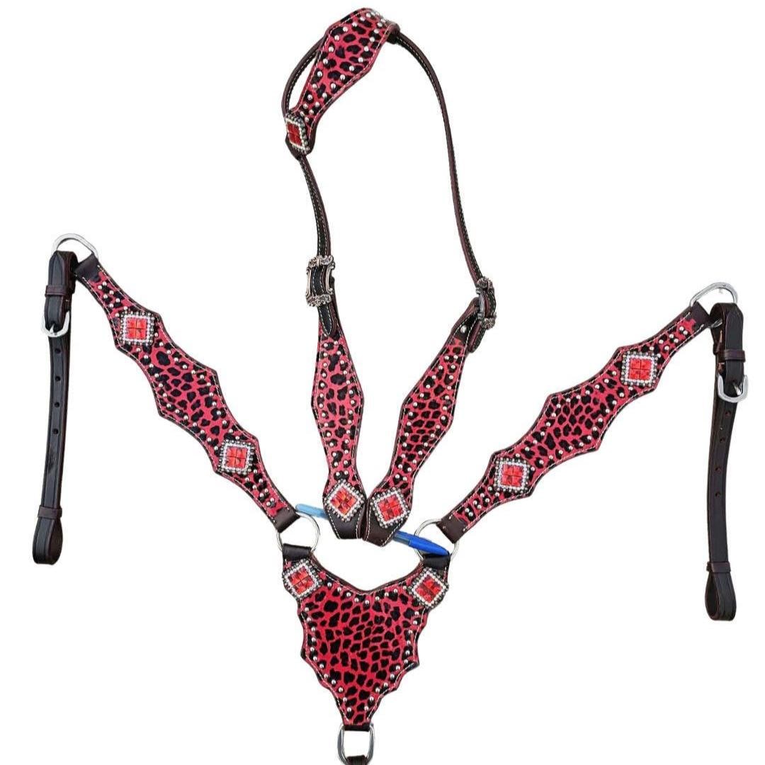 Western Tack Set, Red cheetah Headstall and breastplate