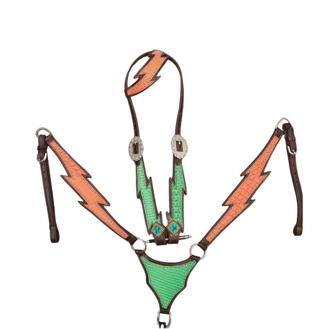 Western Tack Set, Lightening Bolt Headstall and breastplate