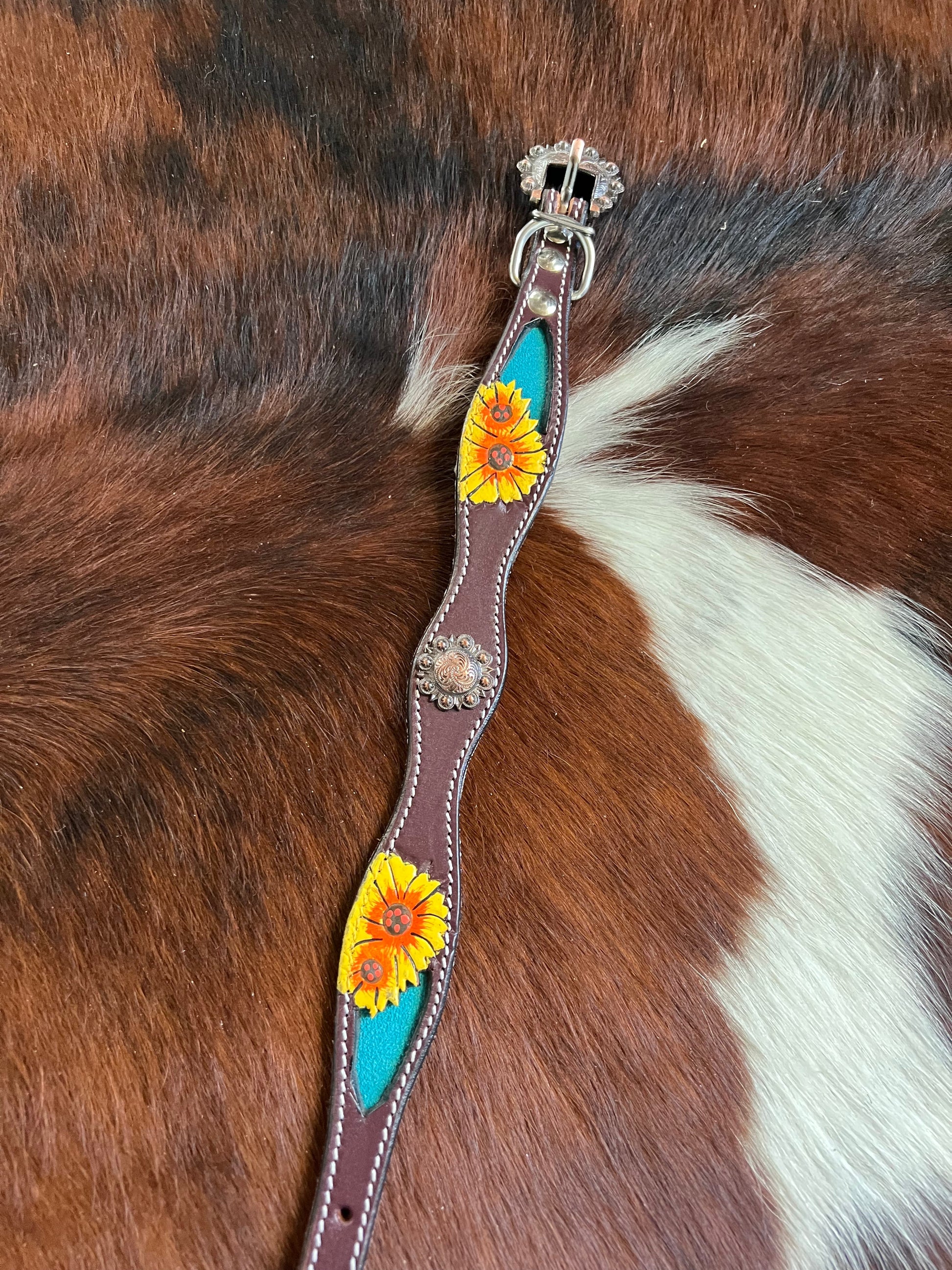 Hand Painted Sunflowers  leather dog collar with copper buckle.