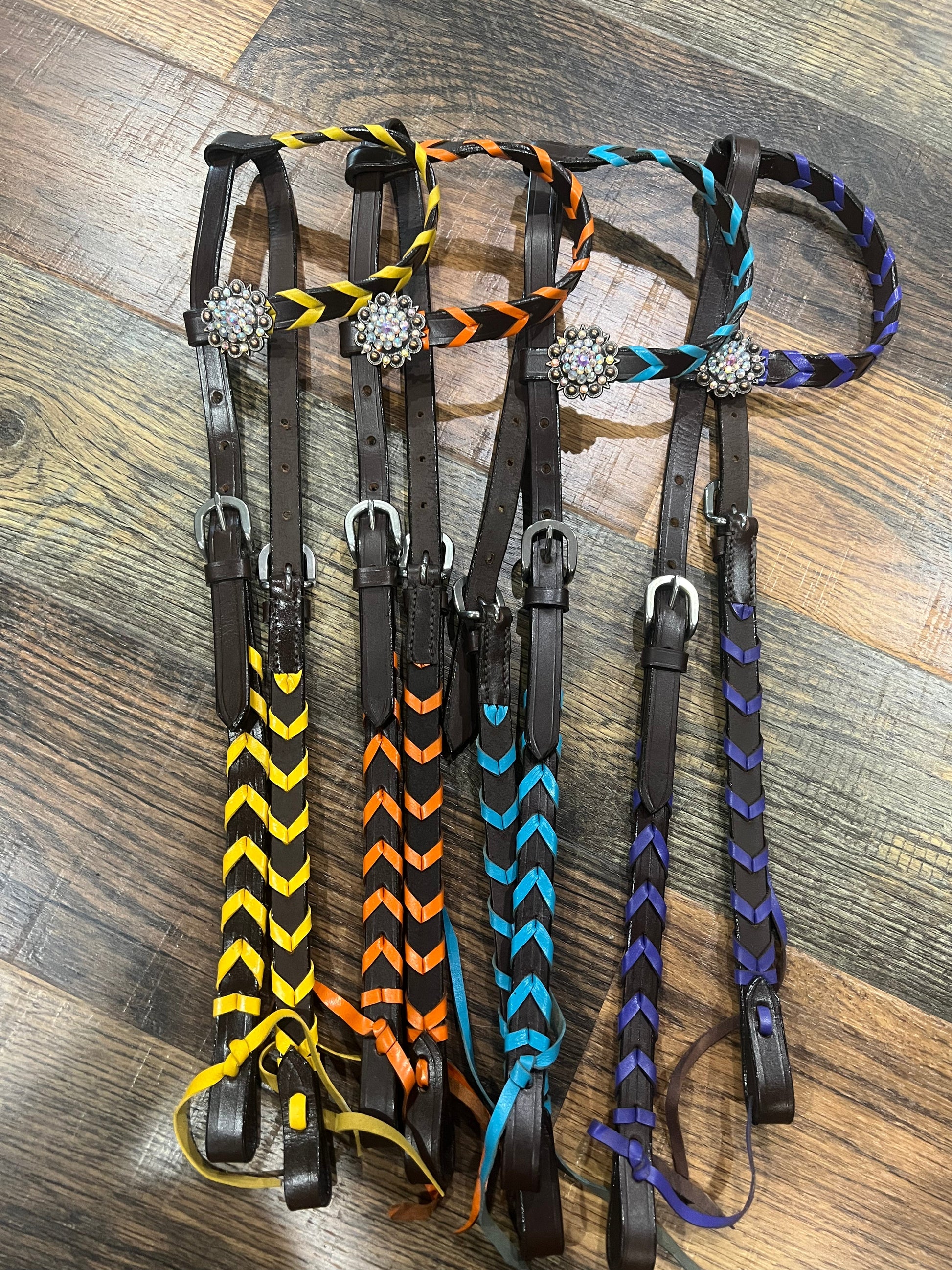 Argentina cow chocolate Leather one ear headstall with colorful Leather lacing