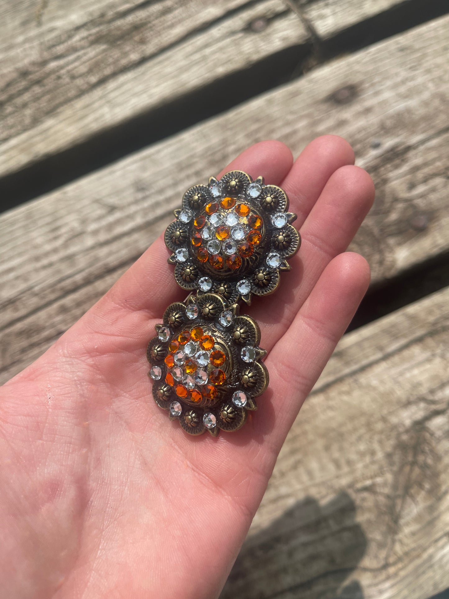 Bling Brass Concho with Orange and Clear Rhinestones - Blazzing Bridles