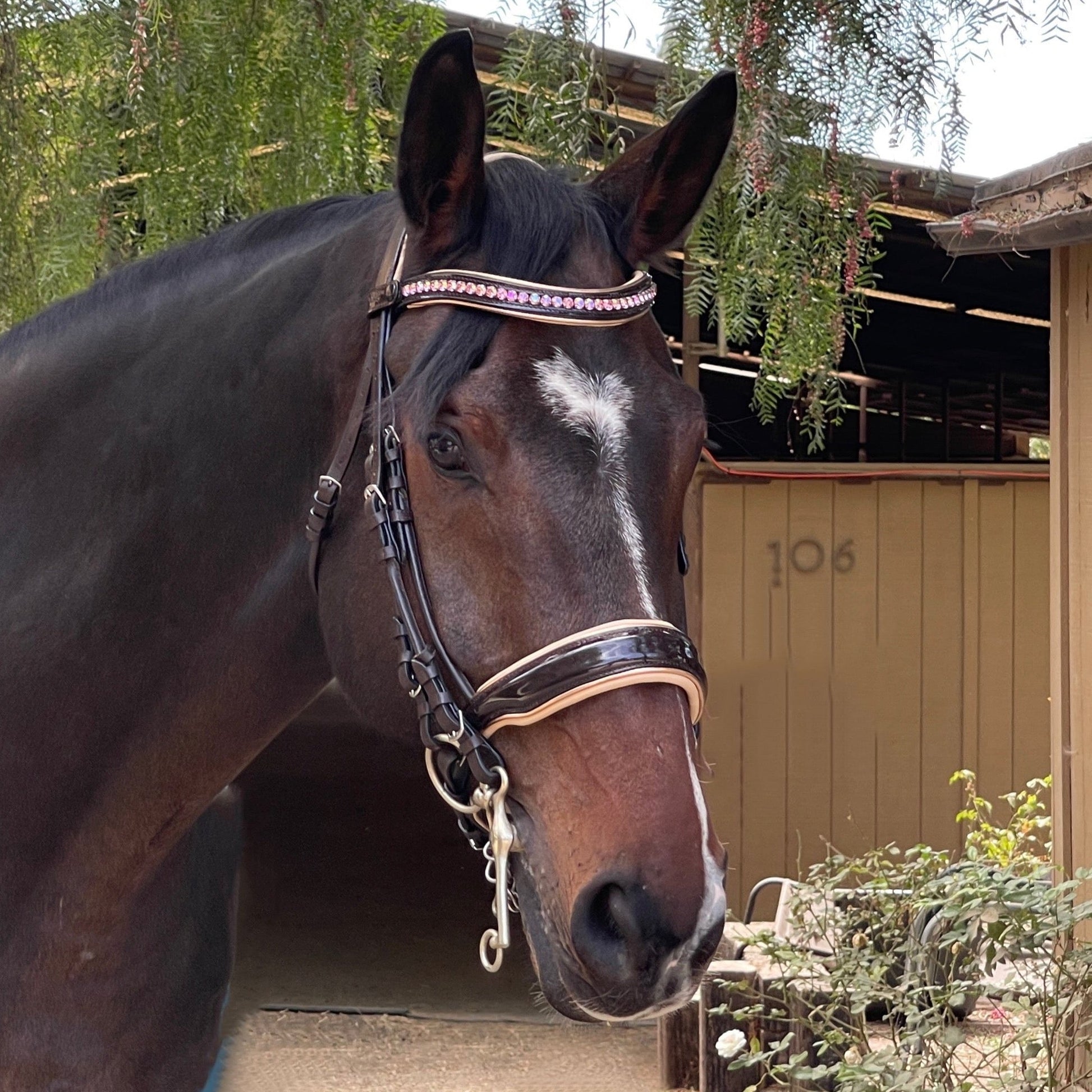 Florence - Brown Patent Leather Double Bridle with Cream Padding & Rose Gold Piping