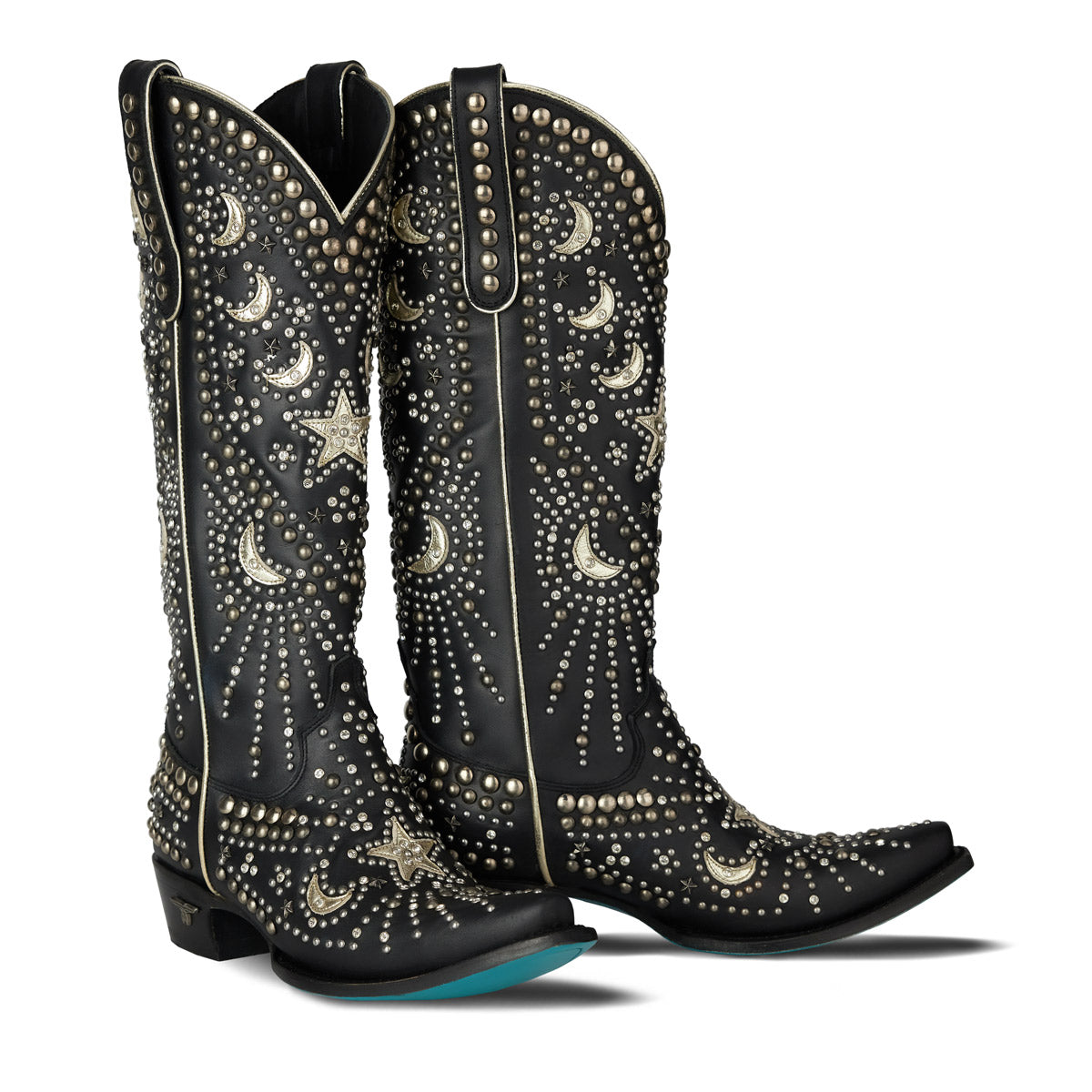 Celestial Themed Southwestern Style Boots In Deep Onyx Luxurious Leather For Women