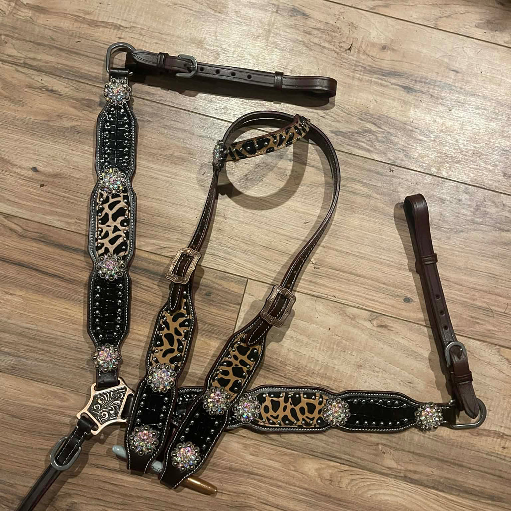 READY TO SHIP Western Tack Set - Leopard Print with Black Alligator Accent (BHT023)