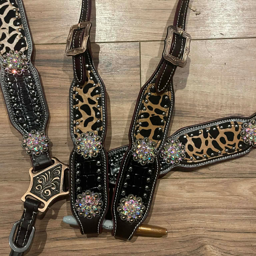 READY TO SHIP Western Tack Set - Leopard Print with Black Alligator Accent (BHT023)