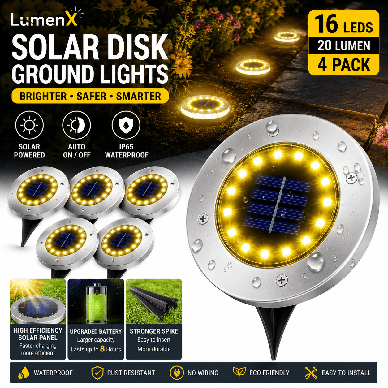 LumenX Solar Garden Disk Lights 16LED Solar Ground Lights Underground Lights,4 Pack-20 Lumen