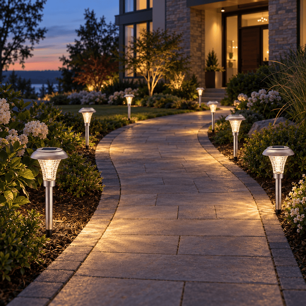 LumenX Solar LED Pathway Lights, Silver Stainless-Steel Finish, 18.5-Inch Outdoor Garden Lights – 16-Pack