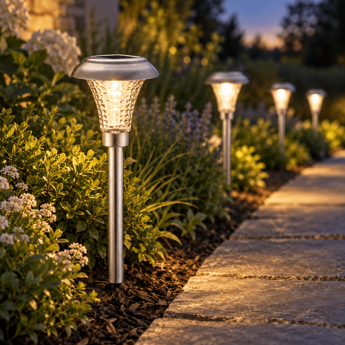 LumenX Solar LED Pathway Lights, Silver Stainless-Steel Finish, 18.5-Inch Outdoor Garden Lights – 16-Pack