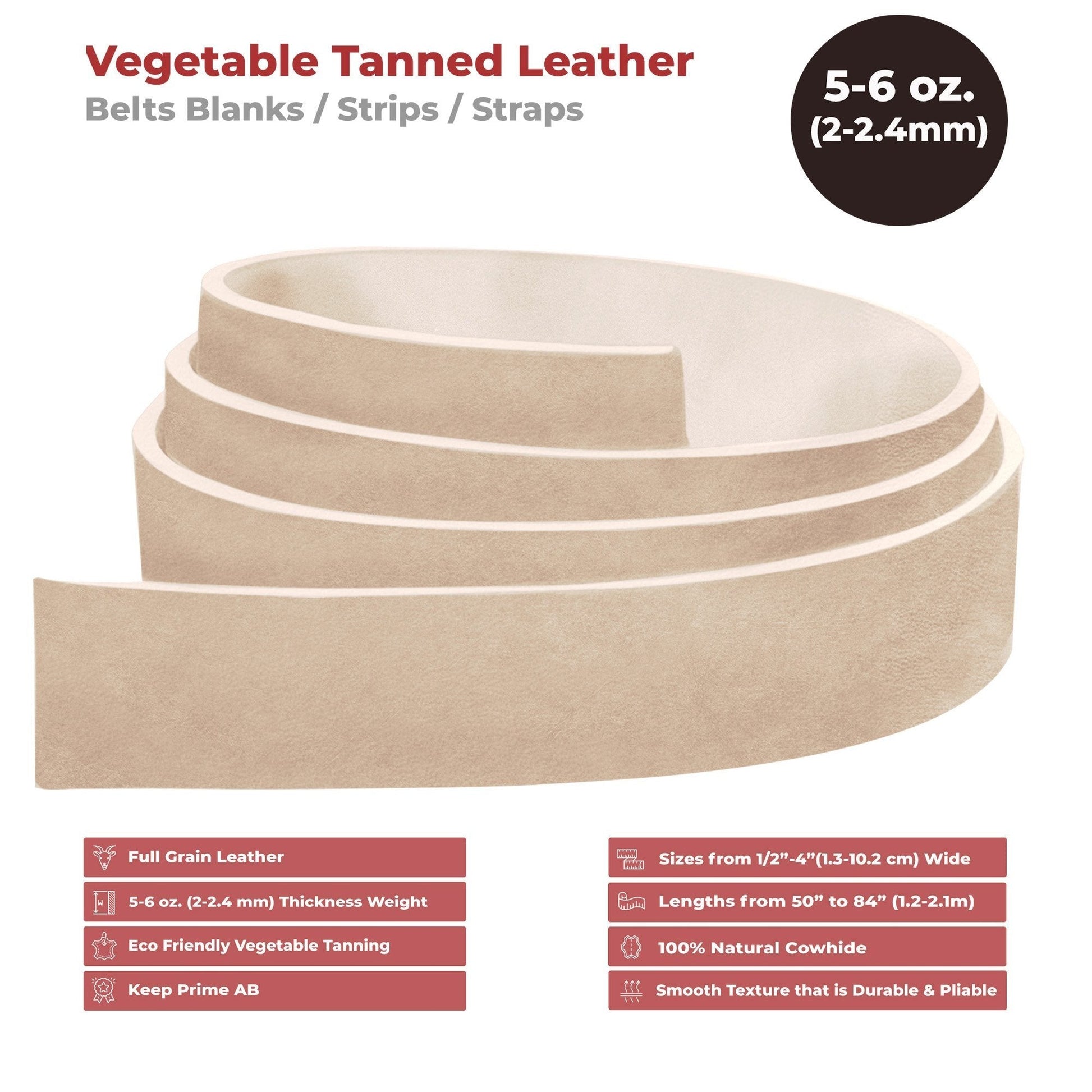 ELW Leather Blank Belt | 5-6 Oz. (2-2.4mm) Thickness | Size from 1/2" to 4" | Cowhide Vegetable Tanned | Full Grain Strip, Strap | Ideal for DIY Belts for Tooling, Crafting, Stamping, Dyeing