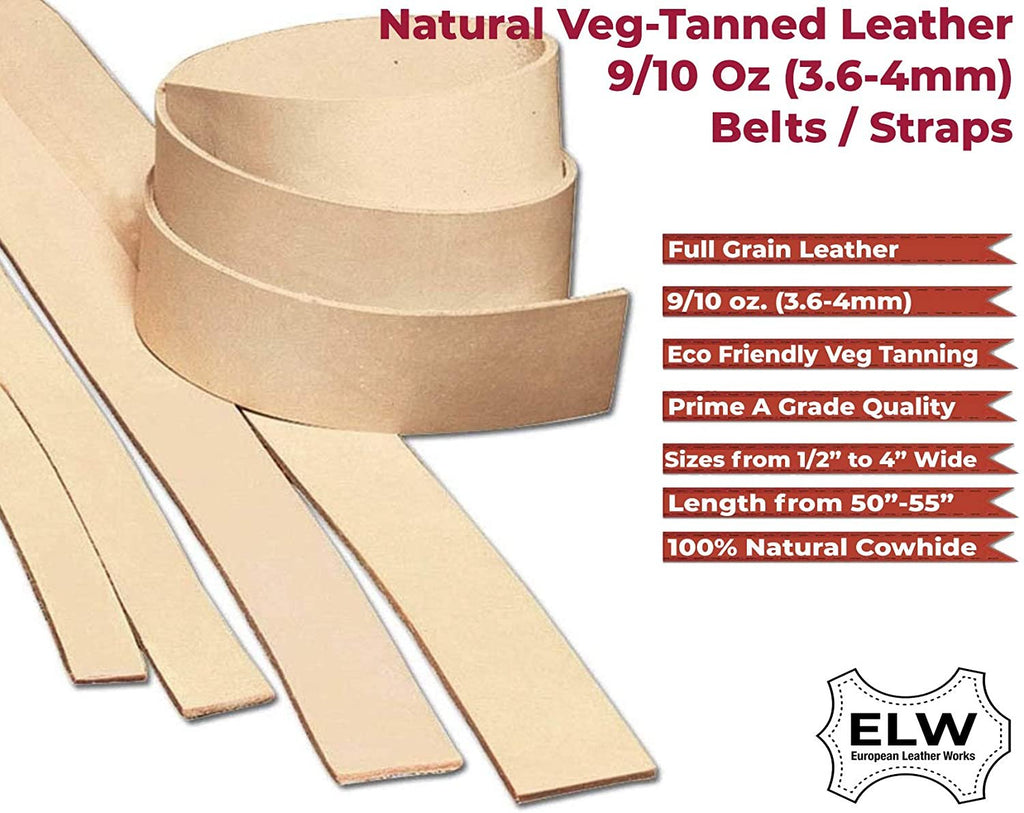ELW Import Tooling Leather 9/10 oz Natural Belt Blanks/Strips/Straps from Full Grain Vegetable Tanned Tooling Leather up to 55"