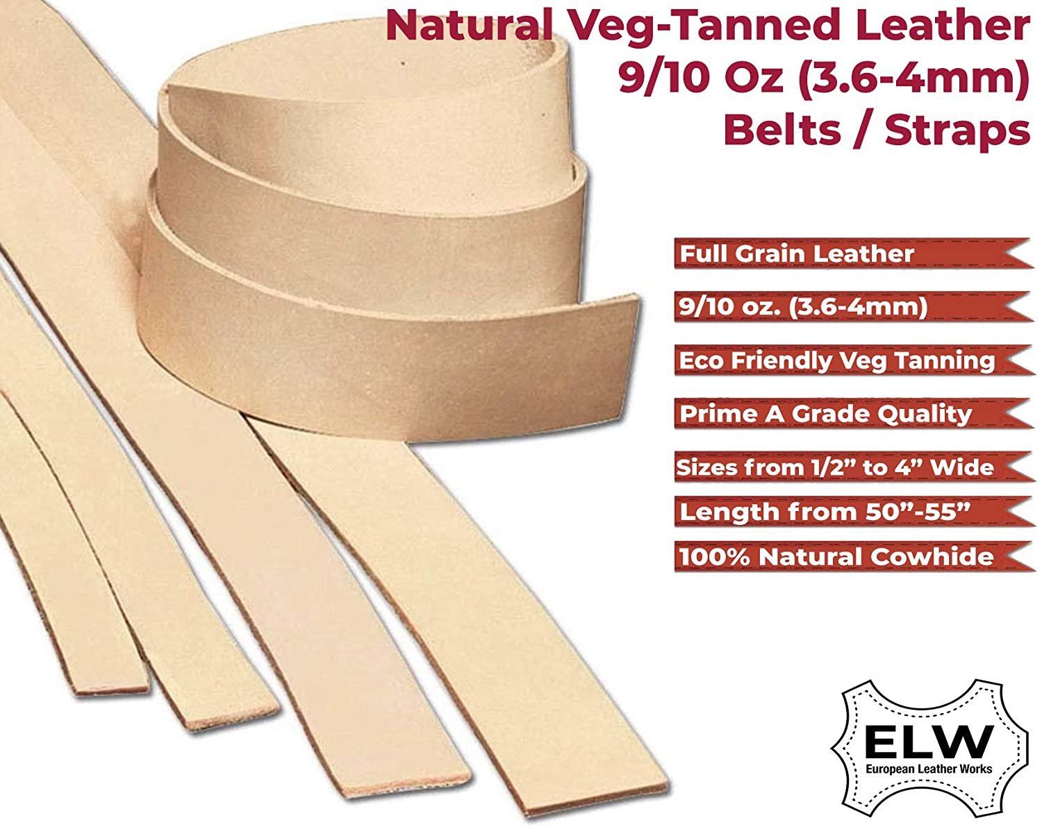 ELW Import Tooling Leather 9/10 oz Natural Belt Blanks/Strips/Straps from Full Grain Vegetable Tanned Tooling Leather up to 55"