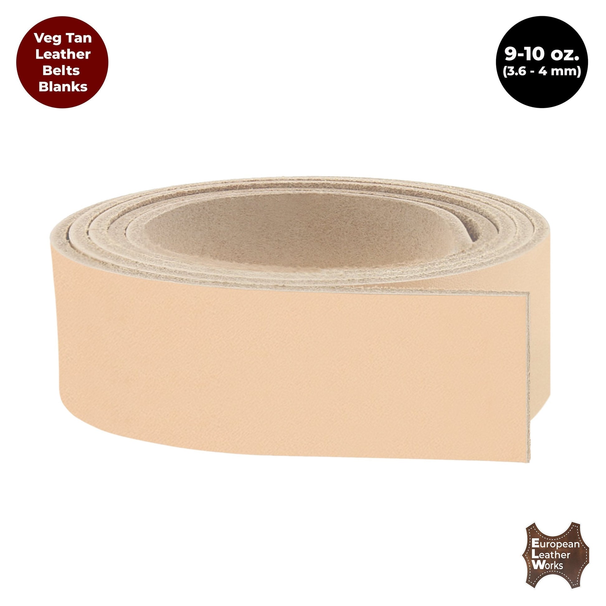9-10 oz. (3.6-4 mm) ELW Vegetable Tanned Cowhide Full Grain Import Tooling Leather Belt Blanks, Straps/Strip 50" to 94" Lengths