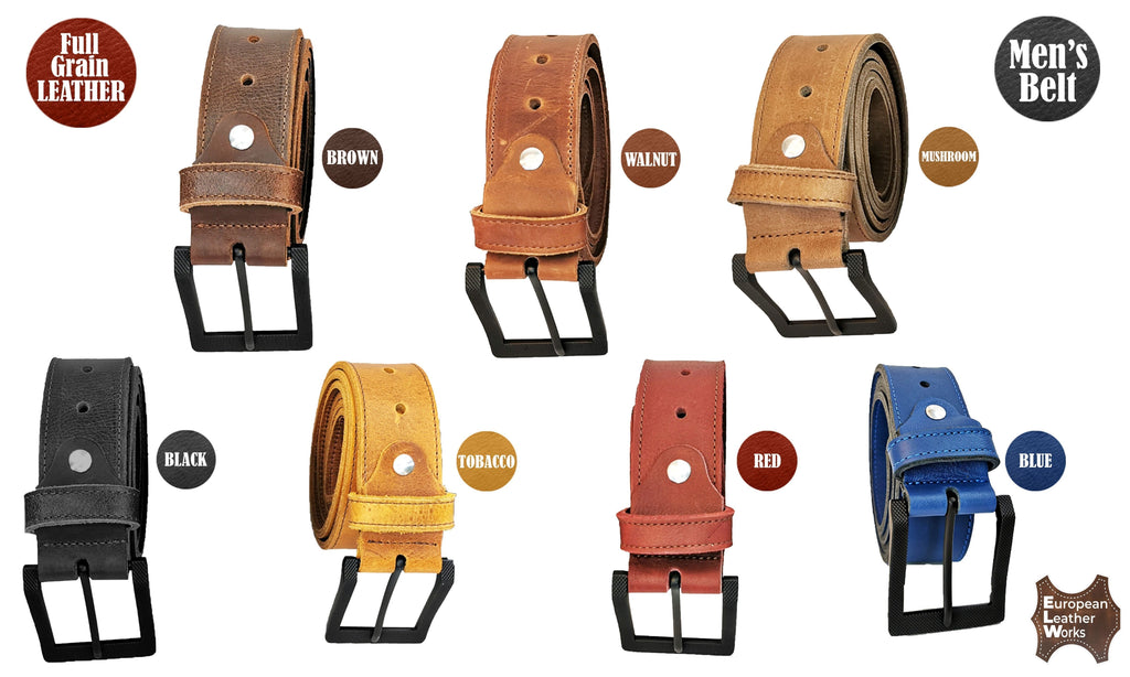 ELW Rustic Heavy Duty Full Grain Leather Belt for Men - Size 1.5”(3.8 cm) Wide & 32" to 46" Length