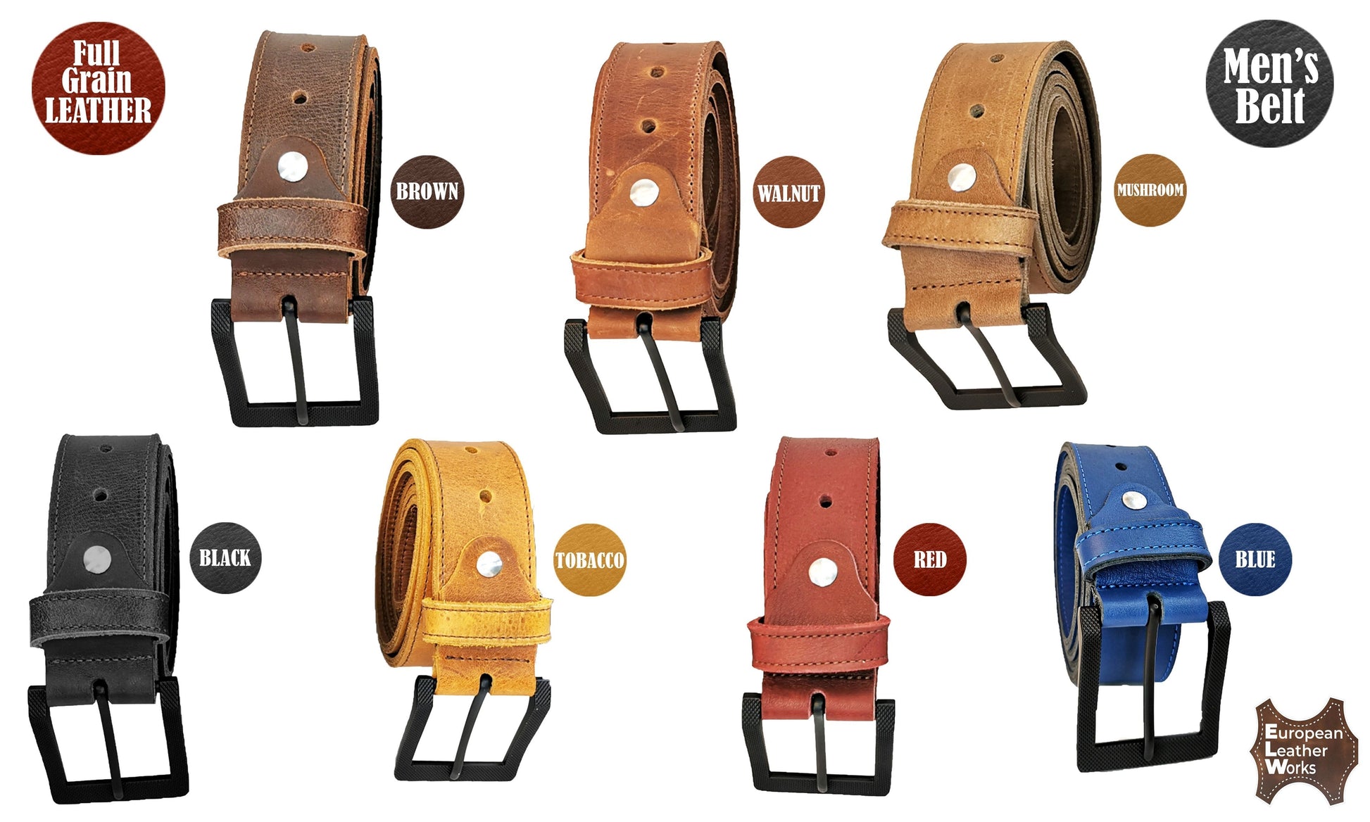 ELW Rustic Heavy Duty Full Grain Leather Belt for Men - Size 1.5”(3.8 cm) Wide & 32" to 46" Length
