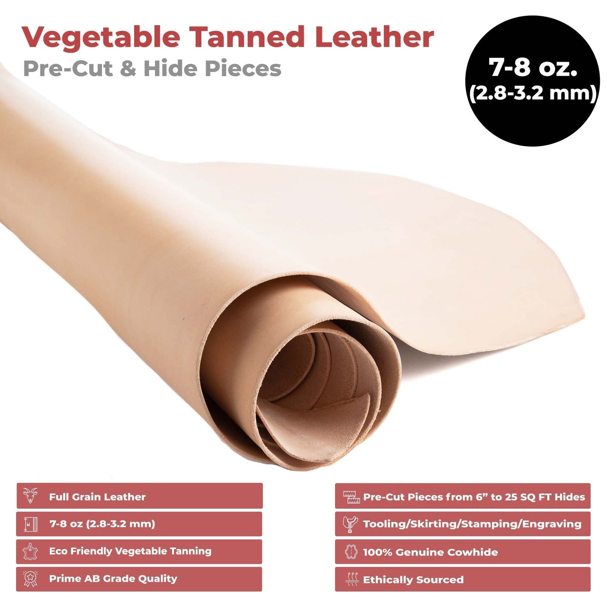 ELW 7-8 oz.(3-3.2 mm) Thickness Pre-Cut Square Tooling Leather Vegetable Tanned Full Grain Leather - Cowhide Leathercraft for Holsters Knife Sheaths Coasters Molding Emboss Stamp Cases