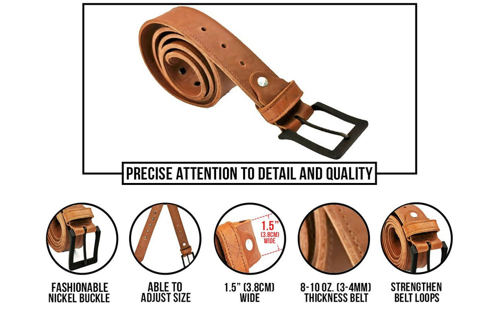 ELW Rustic Heavy Duty Full Grain Leather Belt for Men - Size 1.5”(3.8 cm) Wide & 32" to 46" Length