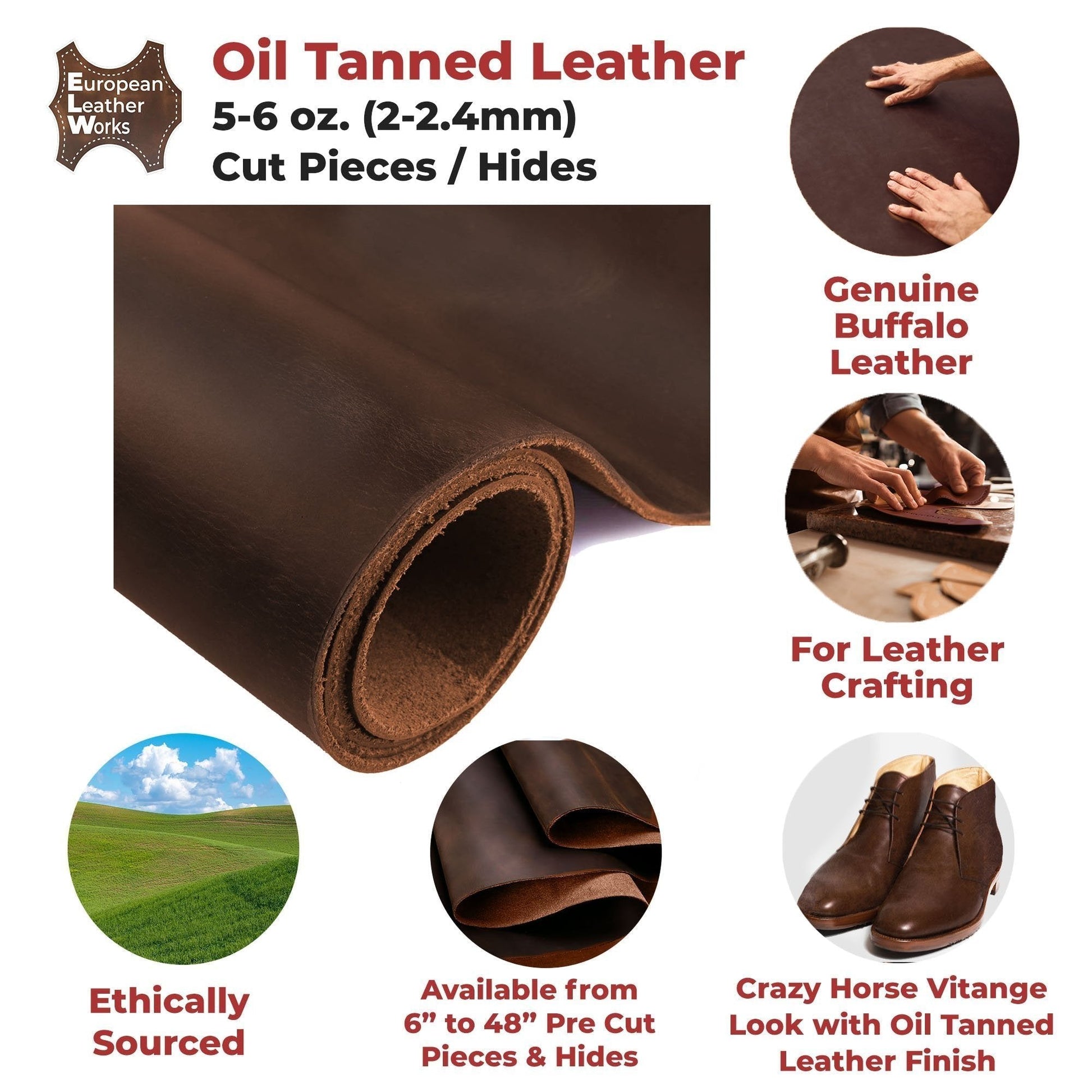 5-6 oz (2-2.4mm) Sable Brown Cowhide  Leather - Full Grain - Pre-Cut Sizes & Hides