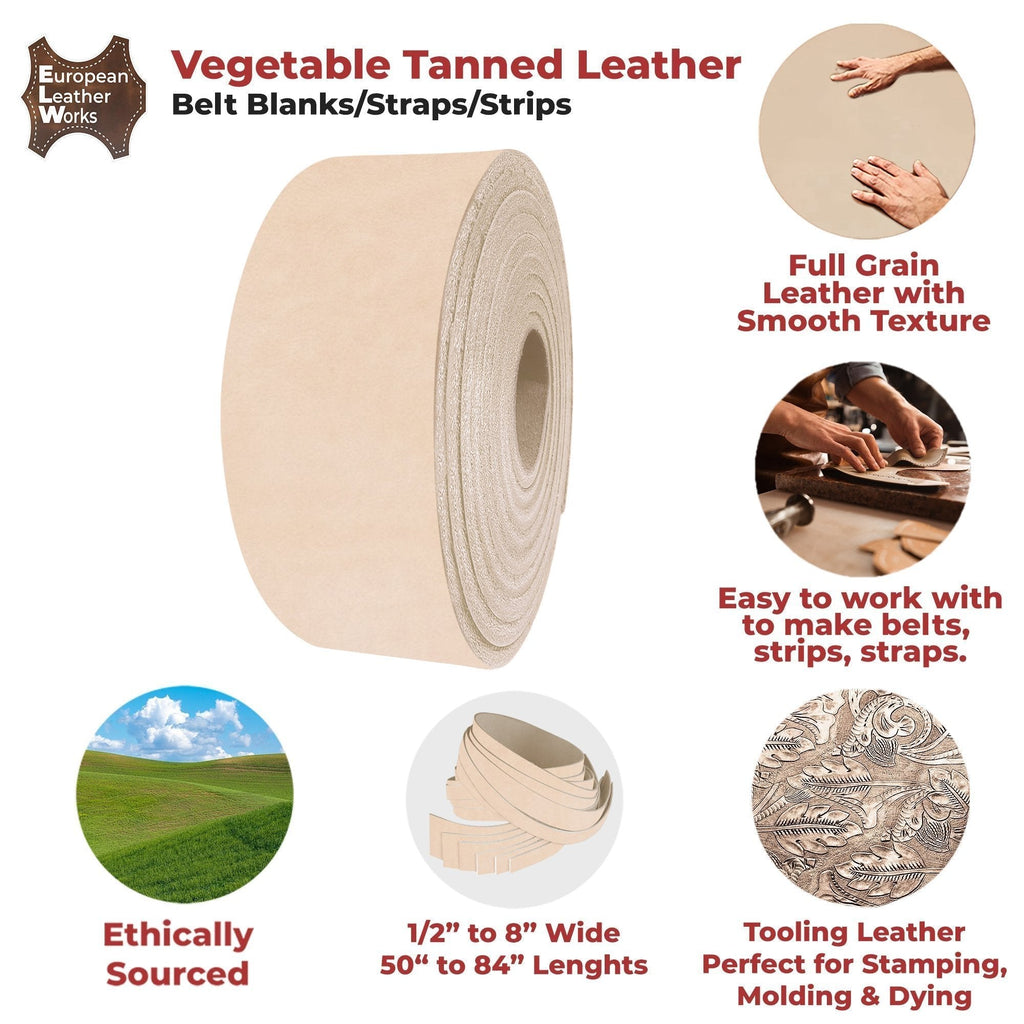 9-10 oz. (3.4-4 mm)  ELW Leather Blank Belt & Straps - Cowhide Vegetable Tanned 40" to 84" Lengths
