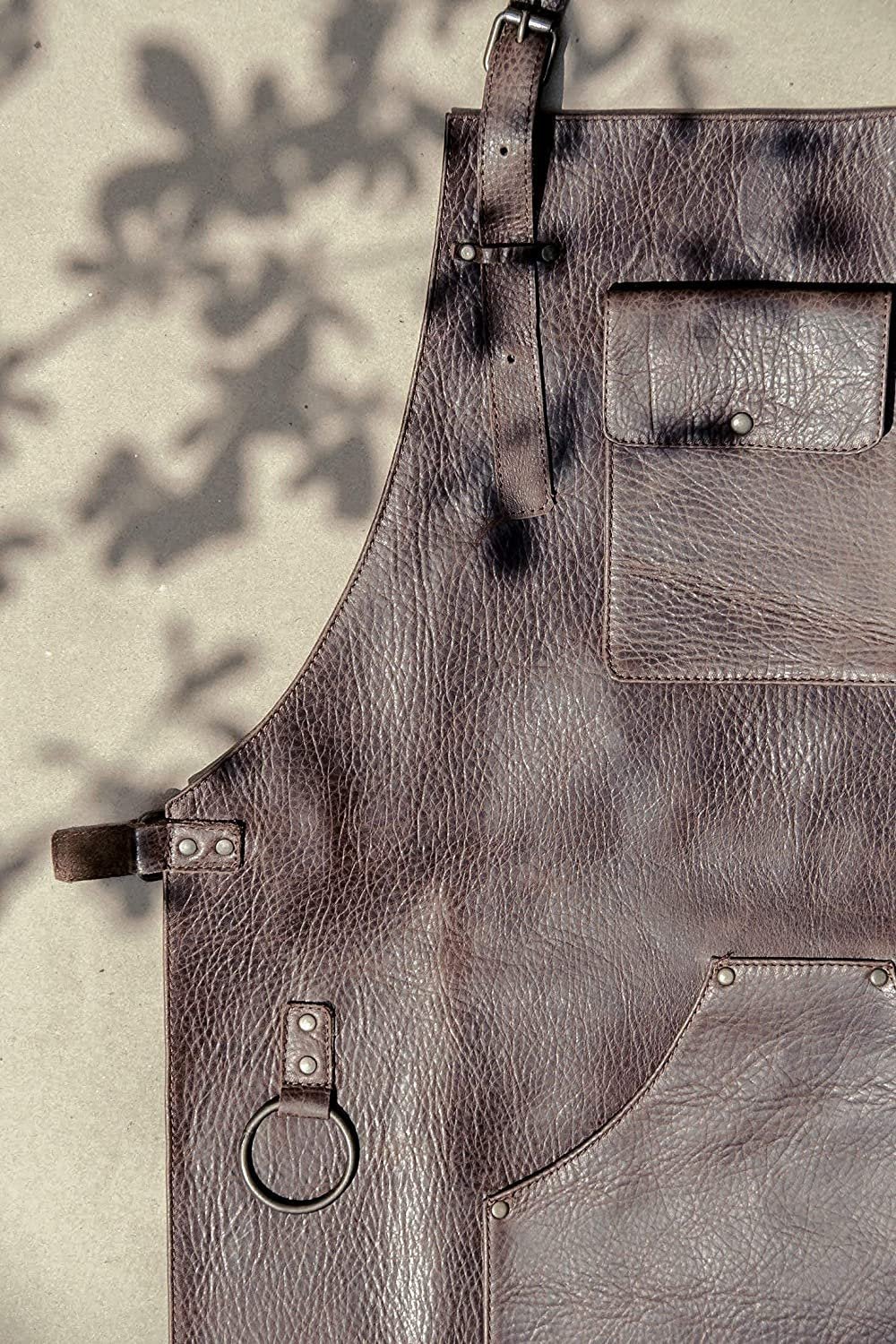 ELW Leather Apron for Kitchen, BBQ, Cooking, Woodworking, Barber, & Crafting - 100% Top Grain Leather - Large Tool Pockets - 3/4 oz Thickness - Adjustable Size M to 2XL