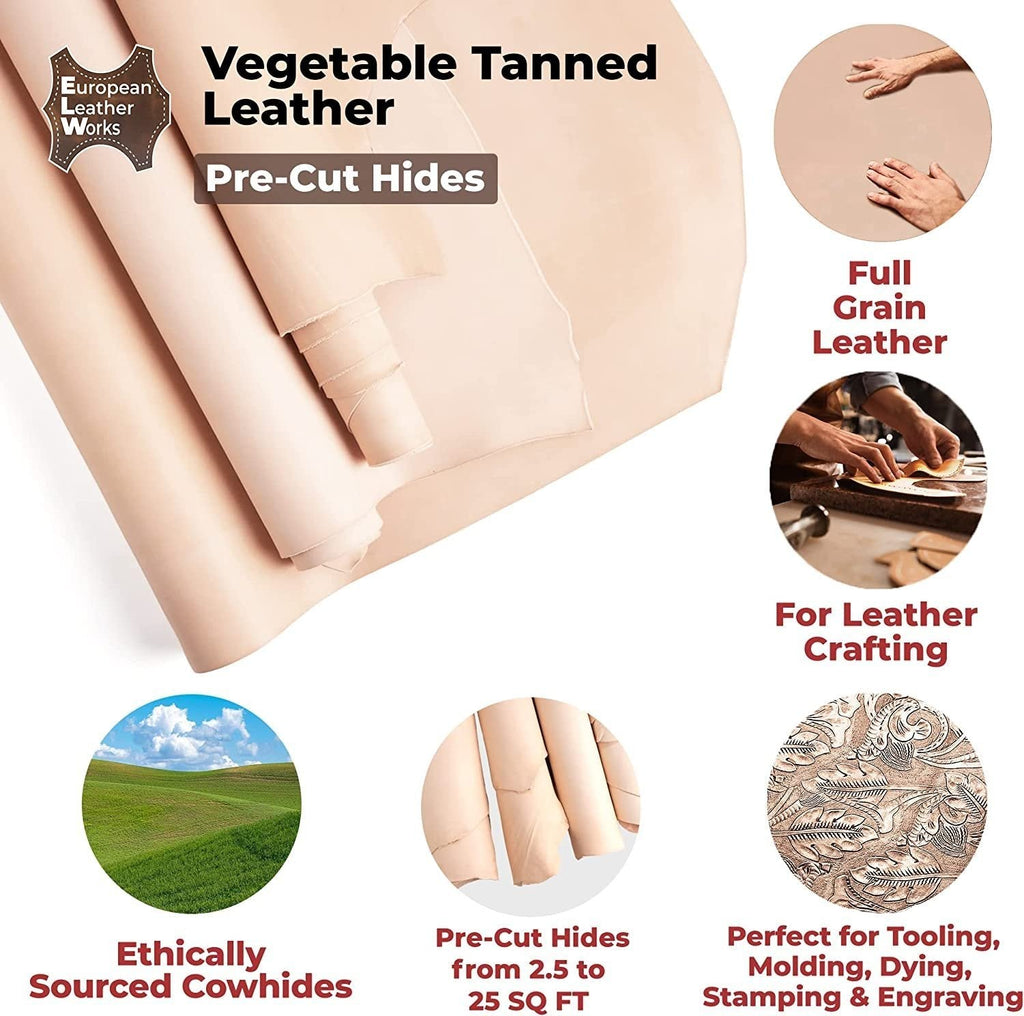 8-9 oz (3.2-3.6mm) ELW Vegetable Tanned | Full Grain Import Cowhide Leather Side - Perfect for Tooling, Molding, Engraving, Dyeing, & Stamping
