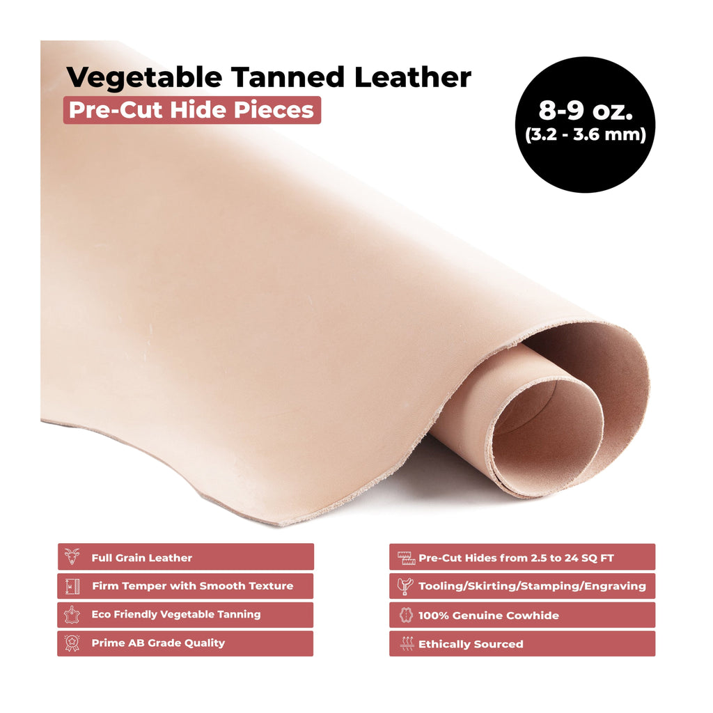 8-9 Oz. (3.2-3.6mm) Thickness Veg Tan Leather | Pre-Cut Sizes 6" to 48" | Tooling Leather Cowhide - Full Grain Leather