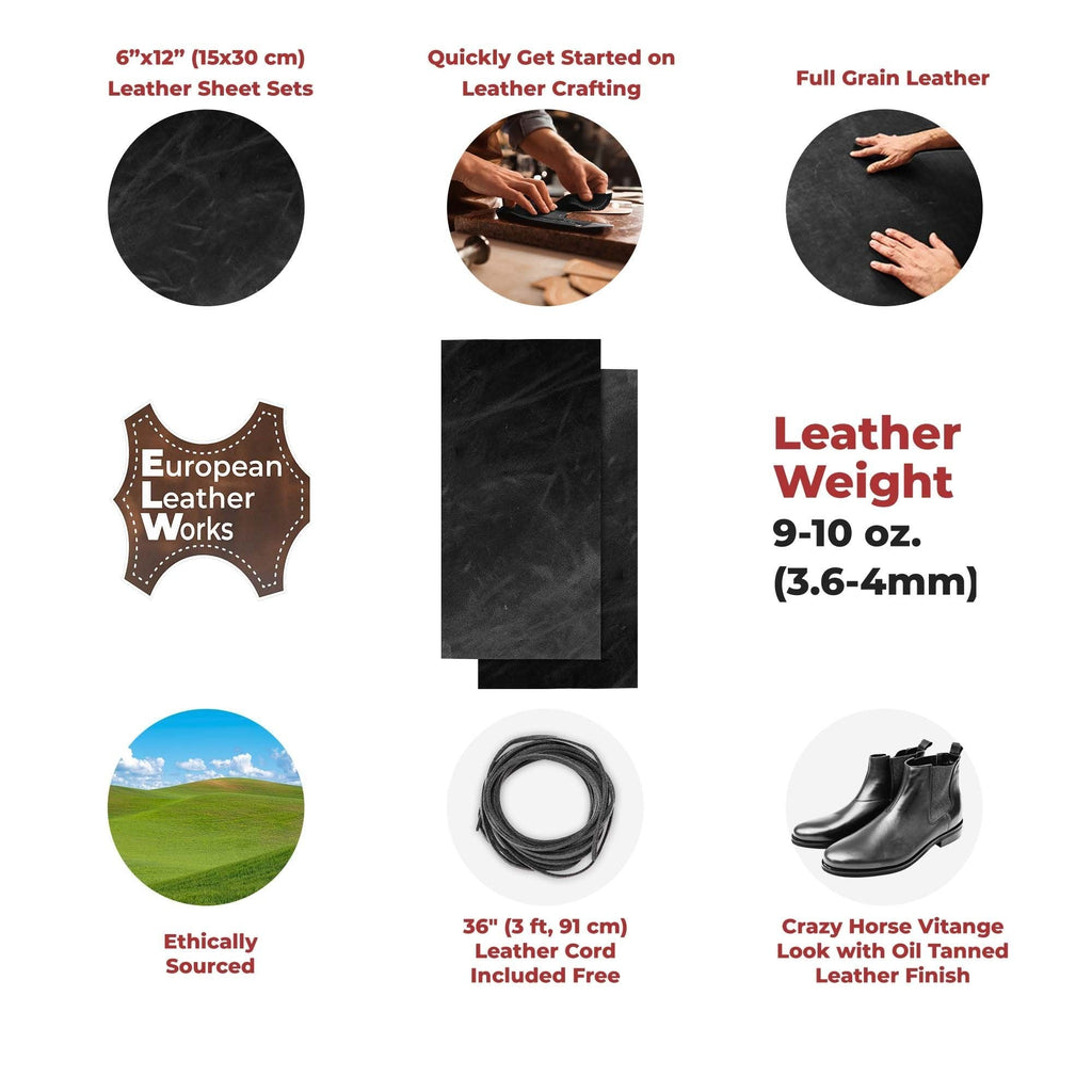 ELW 9-10 oz (3.6-4mm) Full Grain Leather Craft Sets with Cord Braiding String 36", Oil Tanned Real Cowhide for Tooling, Carving, Craft, Repair, Knife Sheaths