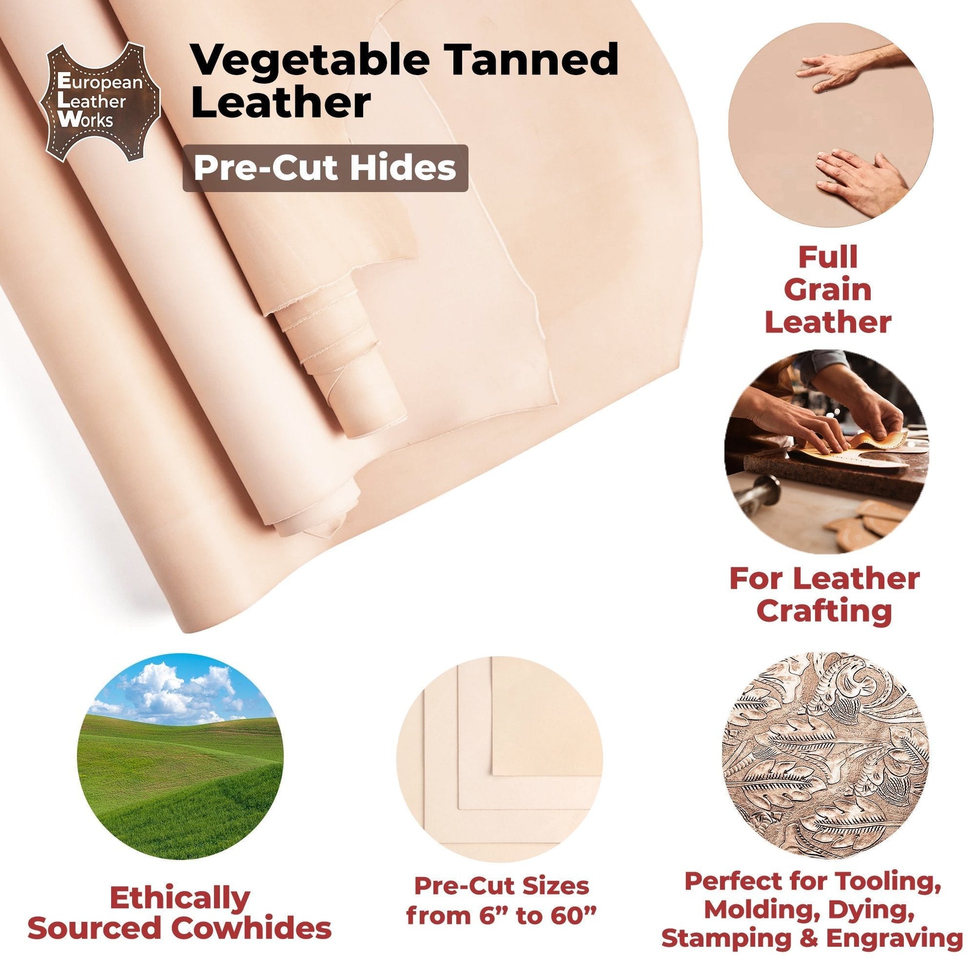 8-9 Oz. (3.2-3.6mm) Thickness Veg Tan Leather | Pre-Cut Sizes 6" to 48" | Tooling Leather Cowhide - Full Grain Leather