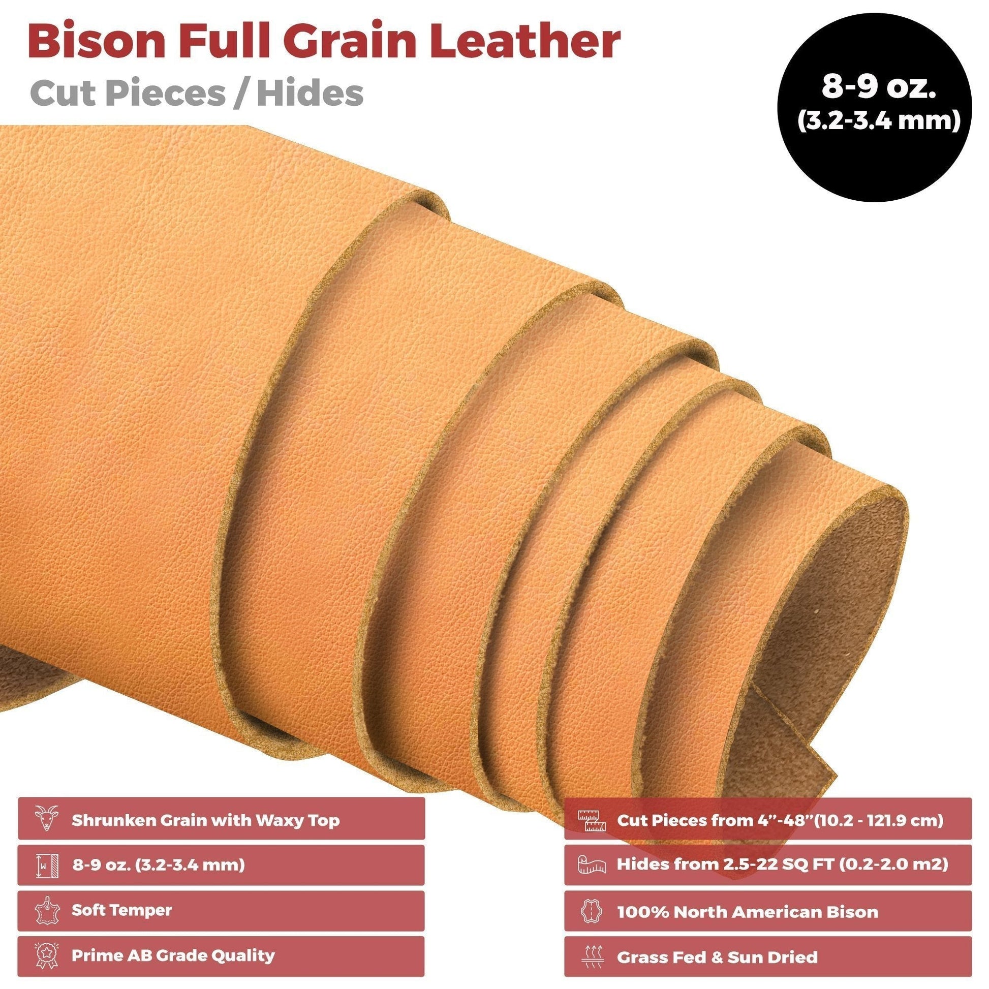 ELW Genuine American Leather Bison 8-9 oz (3.2-3.4mm) Pre-Cut - Full Grain Leather Bison Hide DIY Craft Projects, Bag, Chap, Motorcycle, Clothing, Jewelry, Moccasins