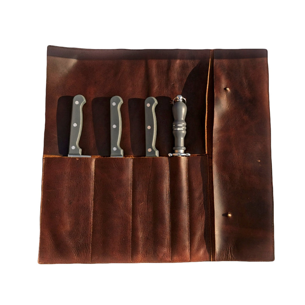 ELW Chef Knife Roll Case, Full Grain Portable Leather Knife Bag, Knife Holder Roll with 5 Pockets, Cooks, & Kitchen Tools Storage, Lightweight & Travel-friendly Cooking Tools Bag