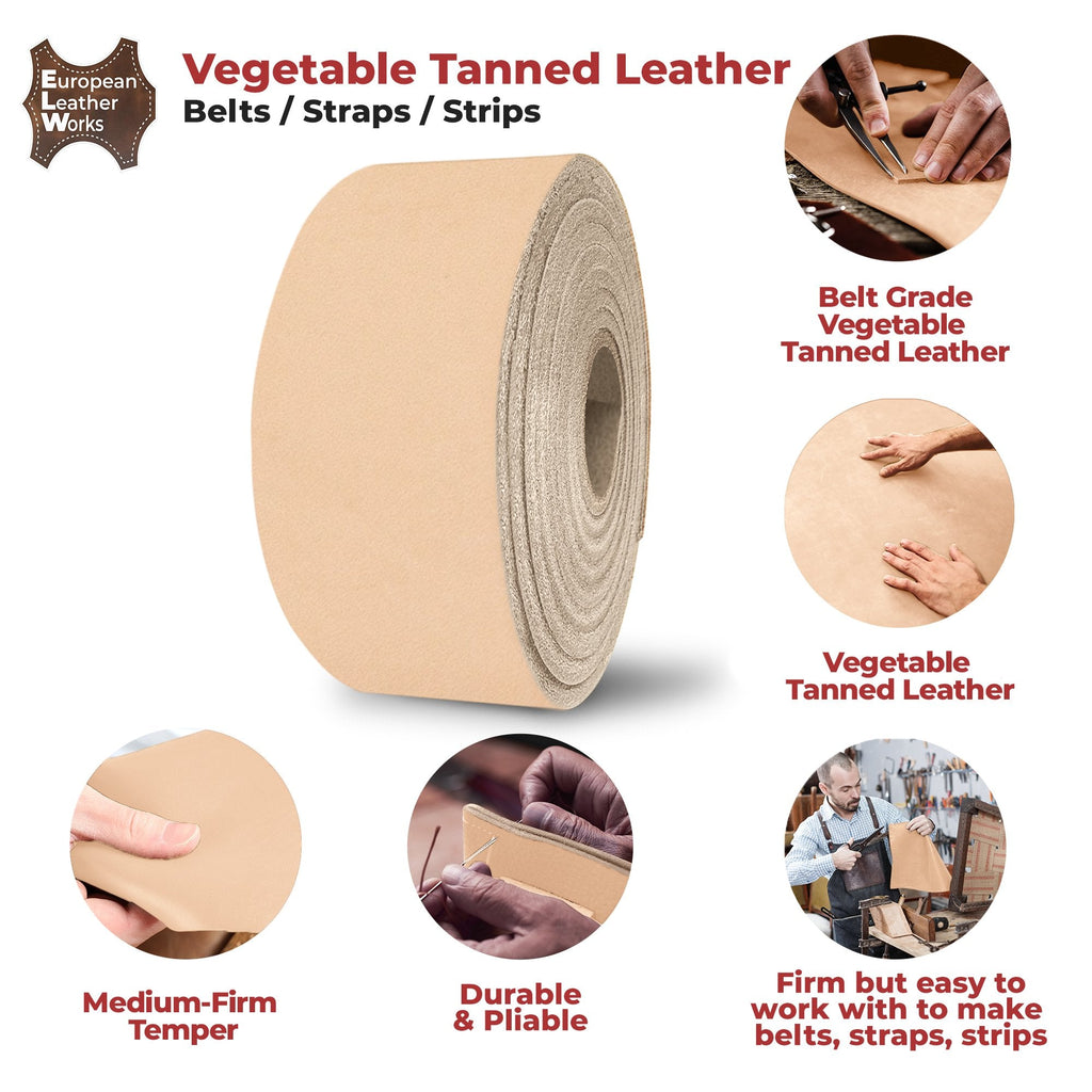 ELW Belt Blanks Straps 8/9 oz. (3.2-3.6mm) Thickness Full Grain Import Natural Cowhide Vegetable Tanned Leather for Tooling, Engraving, Embossing, Molding, & Dyeing