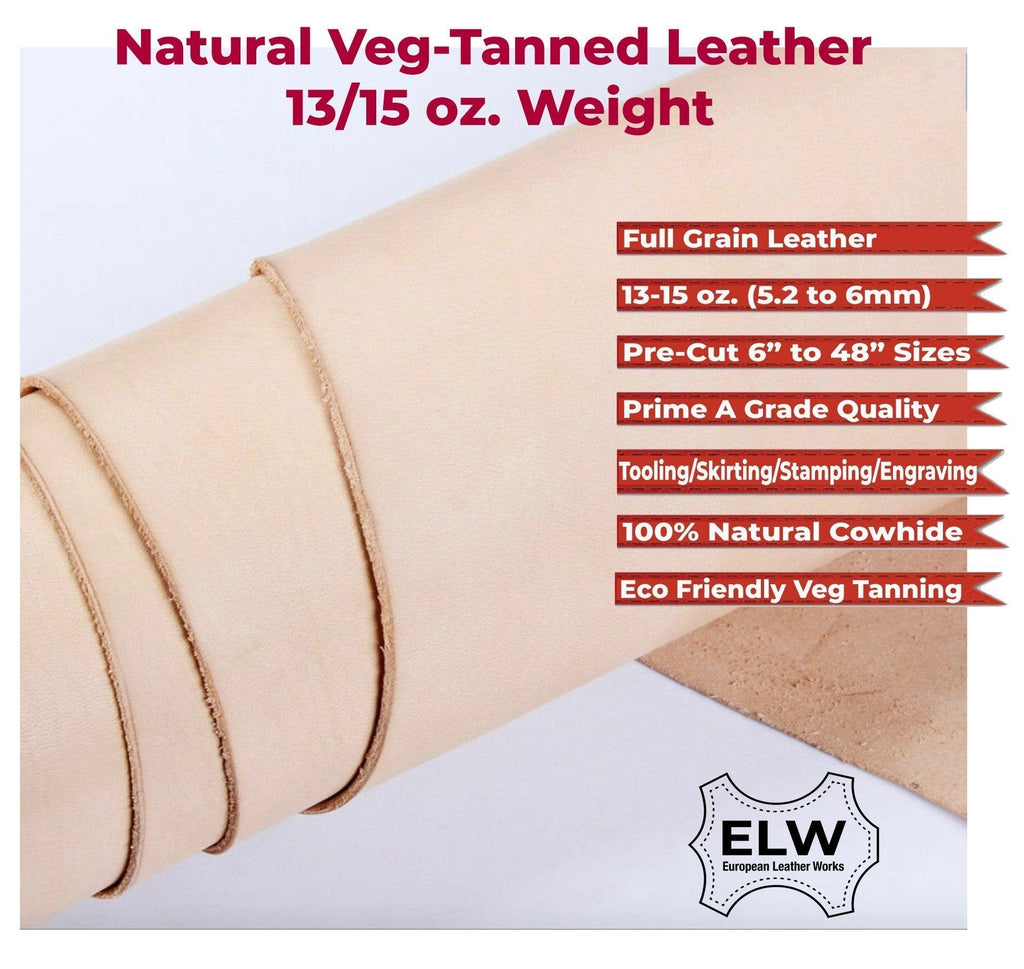 Veg Tan Full Grain Leather 13/15 Oz. (5.2-6mm) Heavy Thickness  Pre-Cut 6" to 48" Sizes  Natural Cowhide Skirting Tooling Leather Crafts Projects Repair Molding