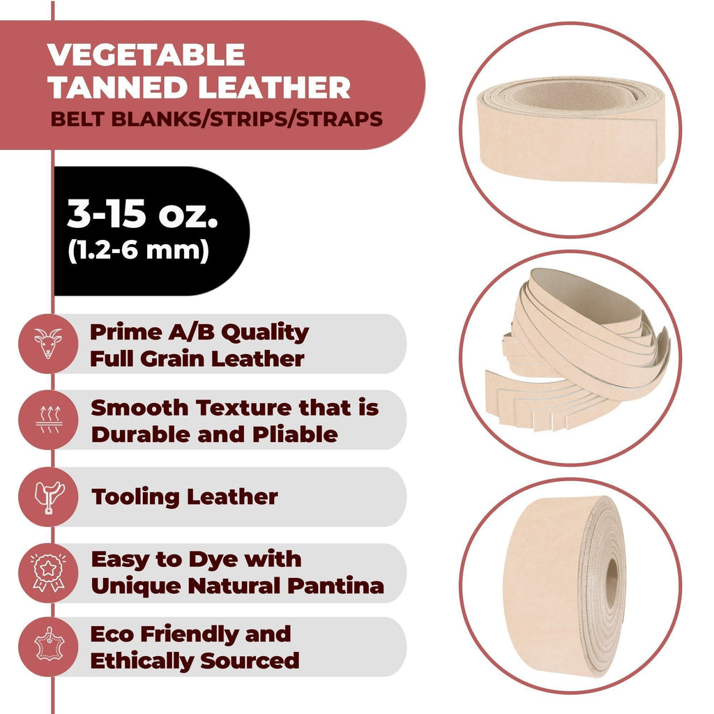 9-10 oz. (3.4-4 mm)  ELW Leather Blank Belt & Straps - Cowhide Vegetable Tanned 40" to 84" Lengths