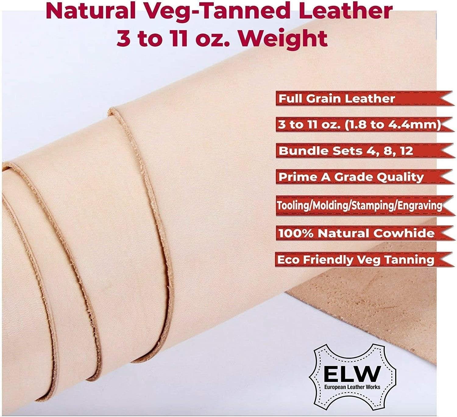 ELW Vegetable Tanned Leather 3/4oz 5/6oz 6/7oz 8/9oz 9/10oz 11/12 oz (1-4.8mm) Special Priced Bundle Sets Cowhide Full Grain Leathercraft Holsters Knife Sheates Coasters Emboss Stamp Tool