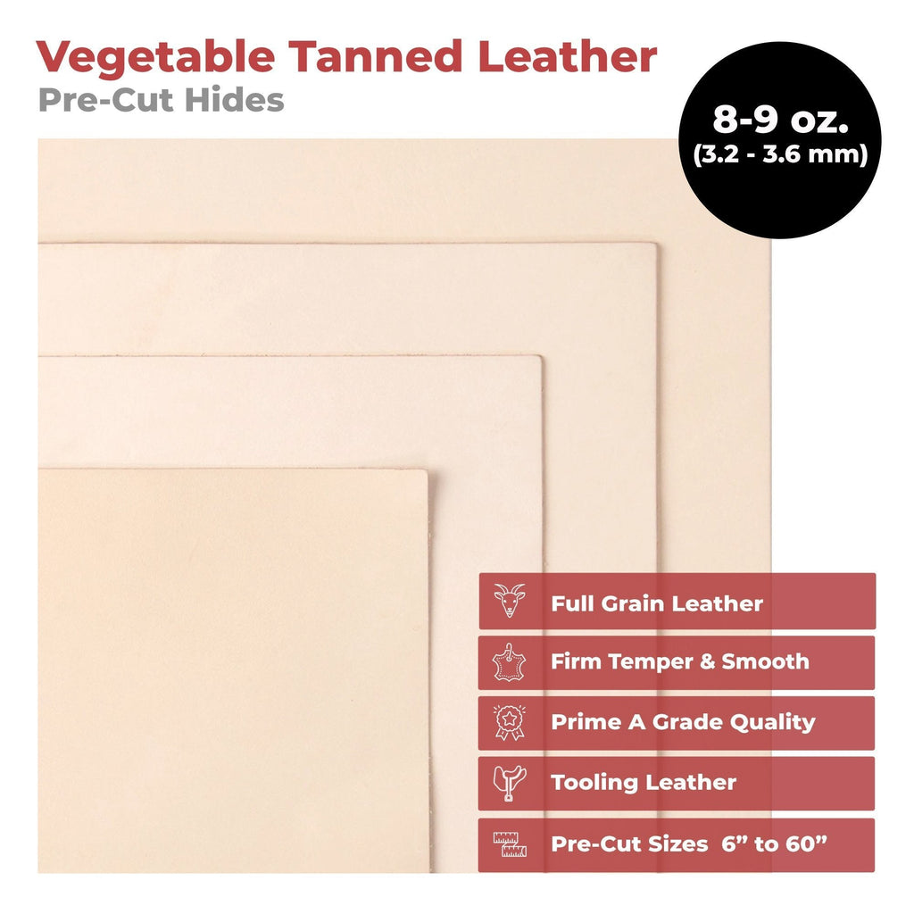 8-9 Oz. (3.2-3.6mm) Thickness Veg Tan Leather | Pre-Cut Sizes 6" to 48" | Tooling Leather Cowhide - Full Grain Leather