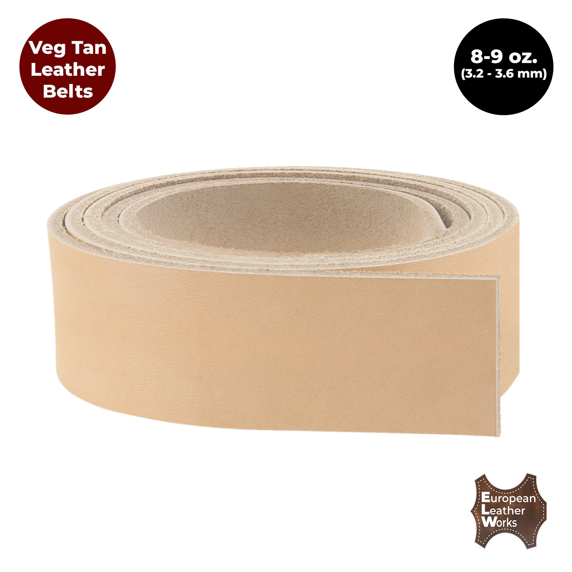 ELW Belt Blanks Straps 8/9 oz. (3.2-3.6mm) Thickness Full Grain Import Natural Cowhide Vegetable Tanned Leather for Tooling, Engraving, Embossing, Molding, & Dyeing