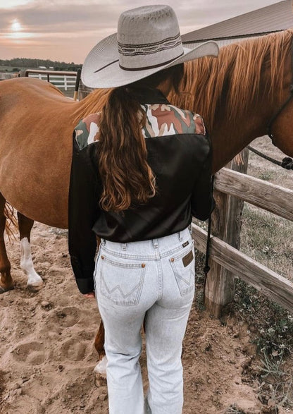 CAMO BLACK SATIN RODEO SHIRT