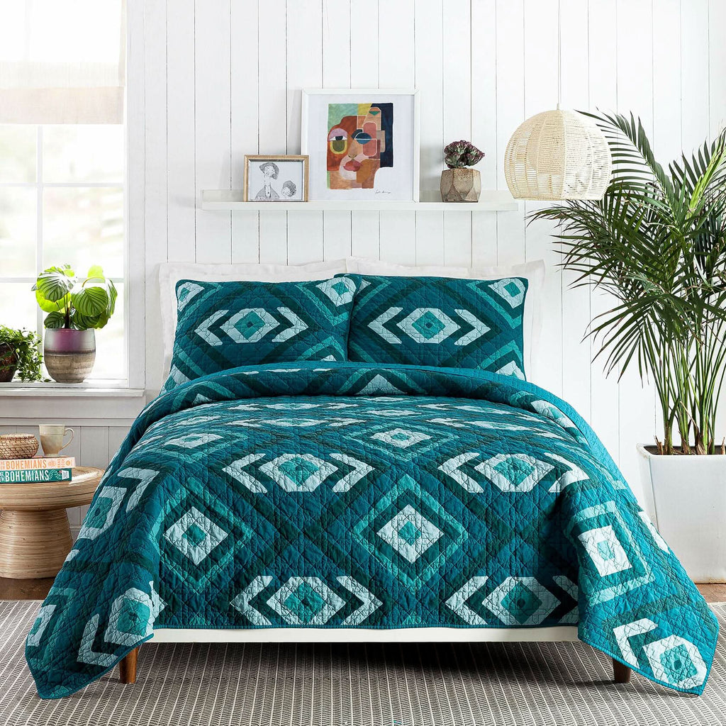 Jungalow Midway 100% Cotton 3-Piece Quilt Set, King, Teal
