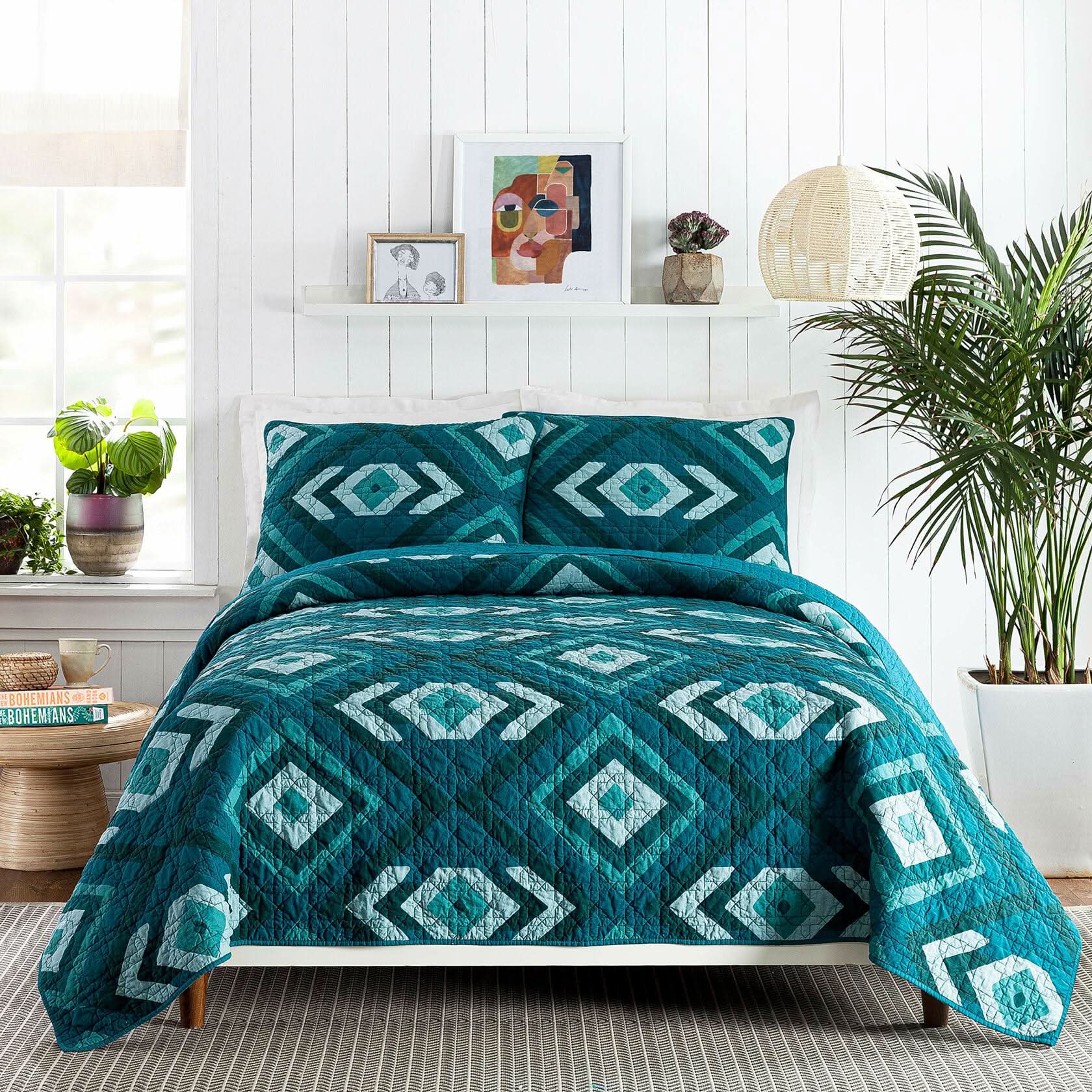 Jungalow Midway 100% Cotton 3-Piece Quilt Set, King, Teal