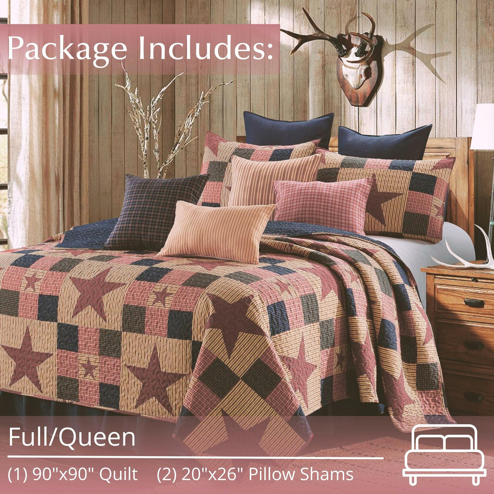 Virah Bella 3 Piece Queen Cabin Quilt Bedding Set - Mountain Cabin Red - Rustic Country Reversible Patchwork Comforter Set with Decorative Pillow Shams, Red/Tan