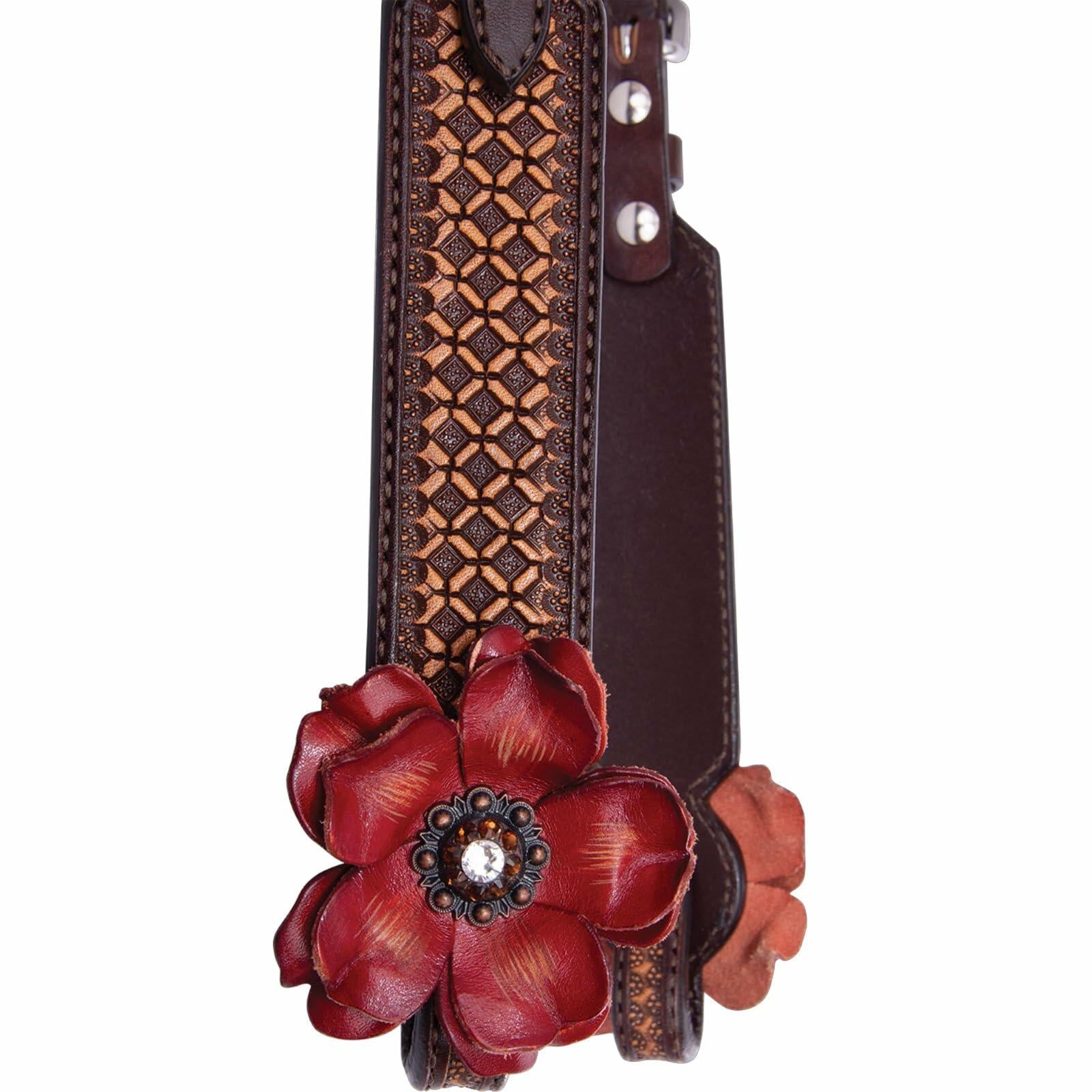 Circle Y Sarah Rose Vintage Hand-Tooled Leather One Ear Headstall with Red Flower Conchos, Chicago Screws & Durable Stainless Steel Hardware for Show & Everyday Riding