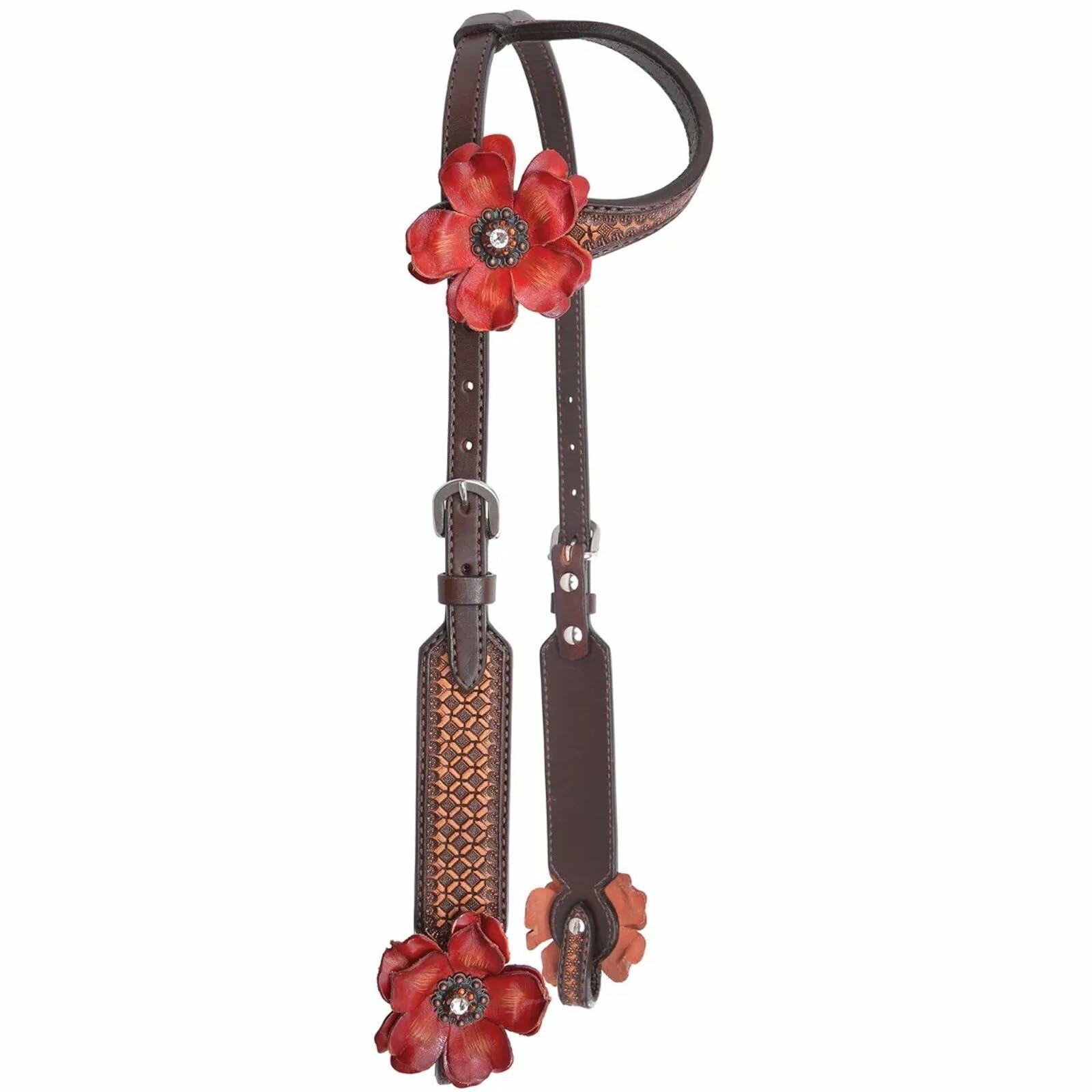 Circle Y Sarah Rose Vintage Hand-Tooled Leather One Ear Headstall with Red Flower Conchos, Chicago Screws & Durable Stainless Steel Hardware for Show & Everyday Riding