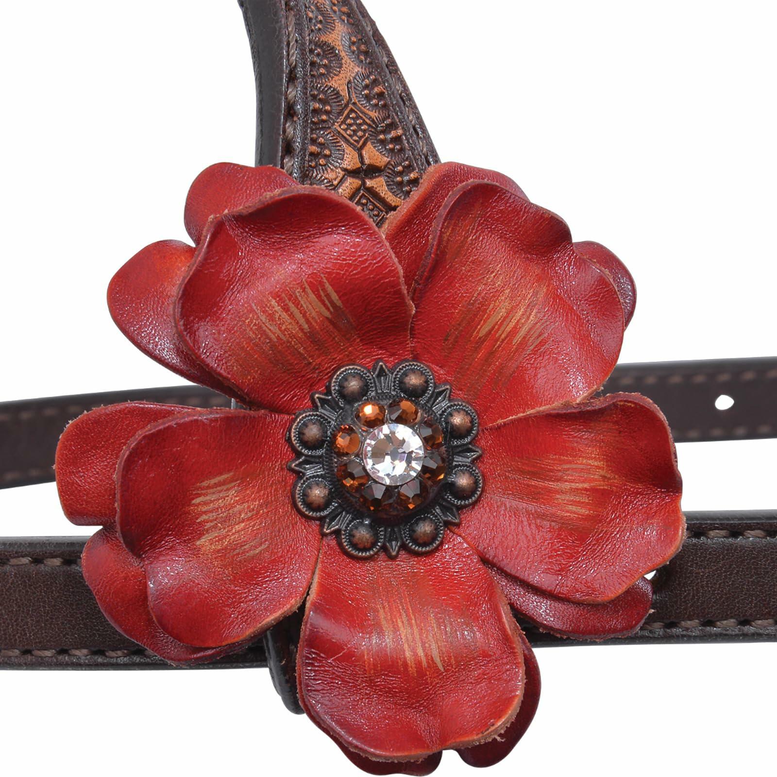 Circle Y Sarah Rose Vintage Hand-Tooled Leather One Ear Headstall with Red Flower Conchos, Chicago Screws & Durable Stainless Steel Hardware for Show & Everyday Riding