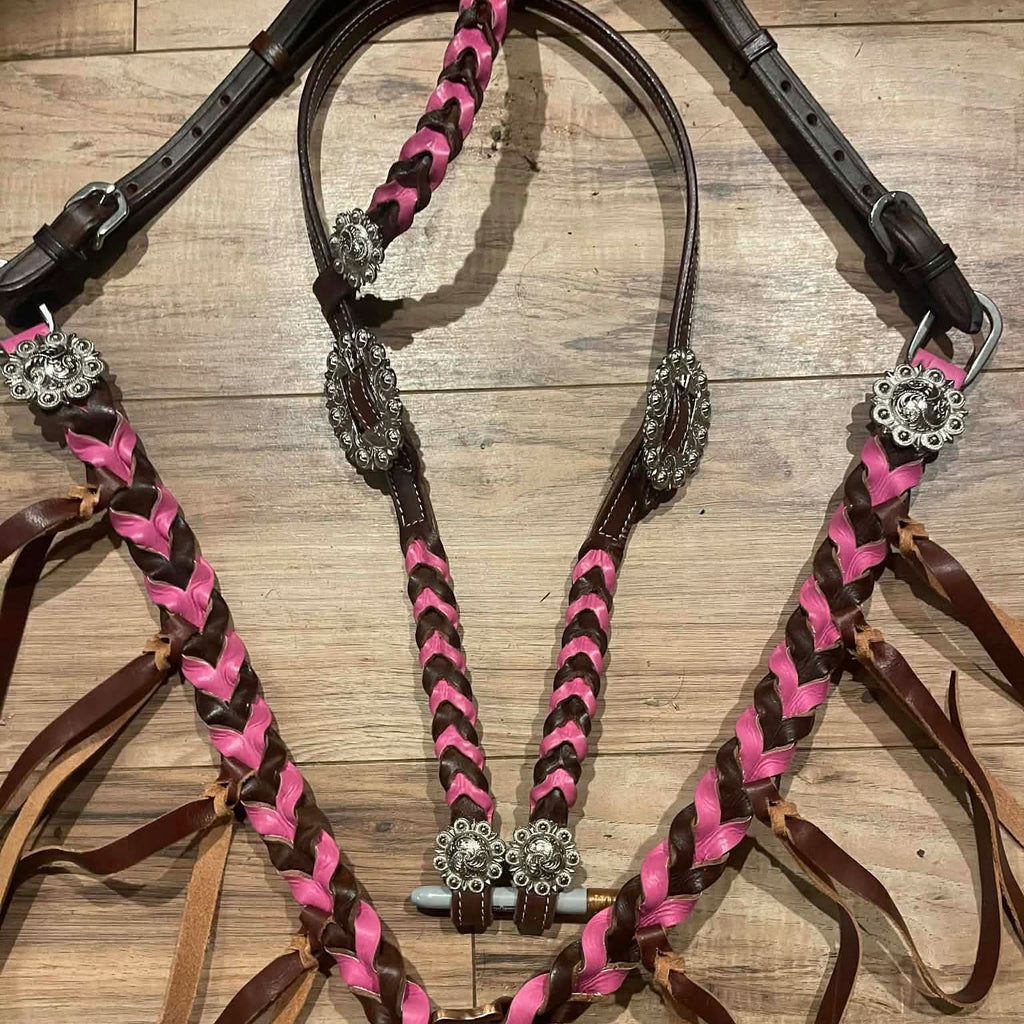 Ready to ship Western Tack Set - Pink Braided Leather with Fringe (BHT021)