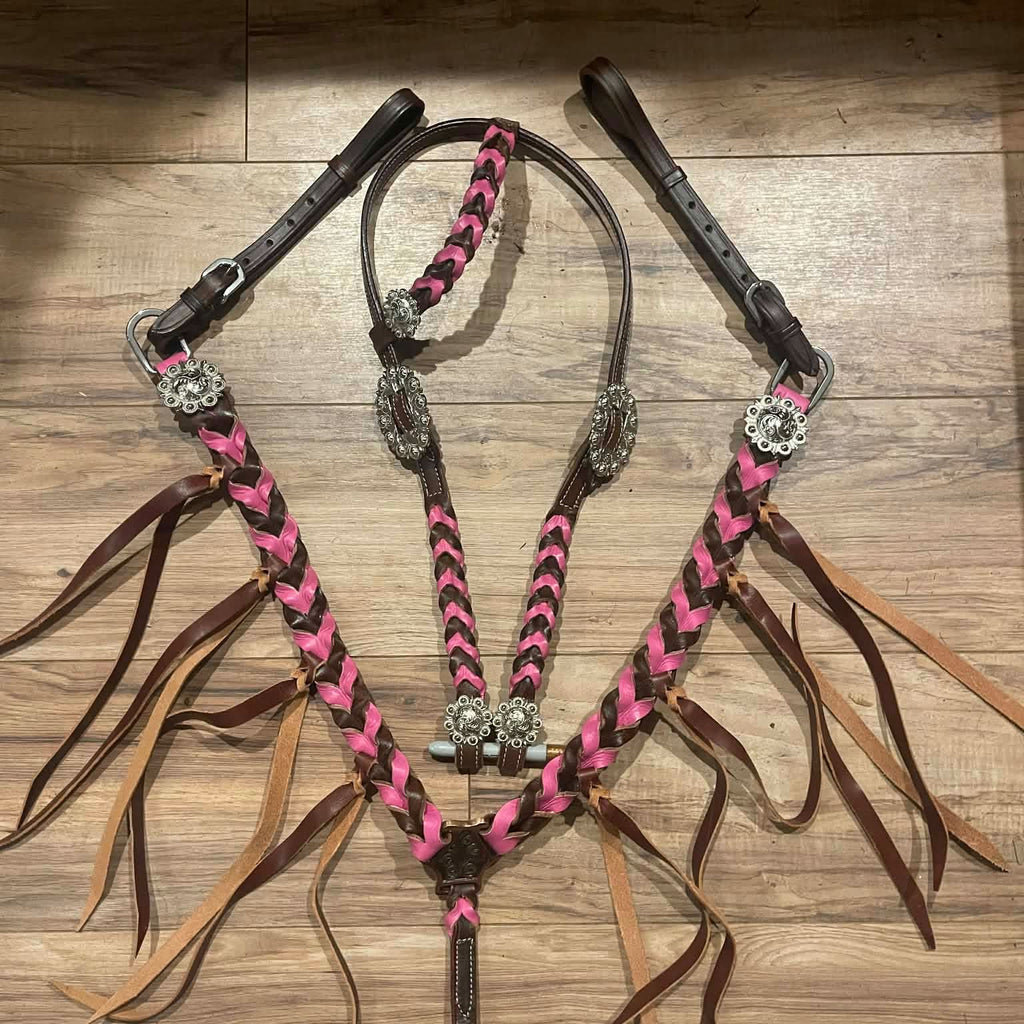 Ready to ship Western Tack Set - Pink Braided Leather with Fringe (BHT021)
